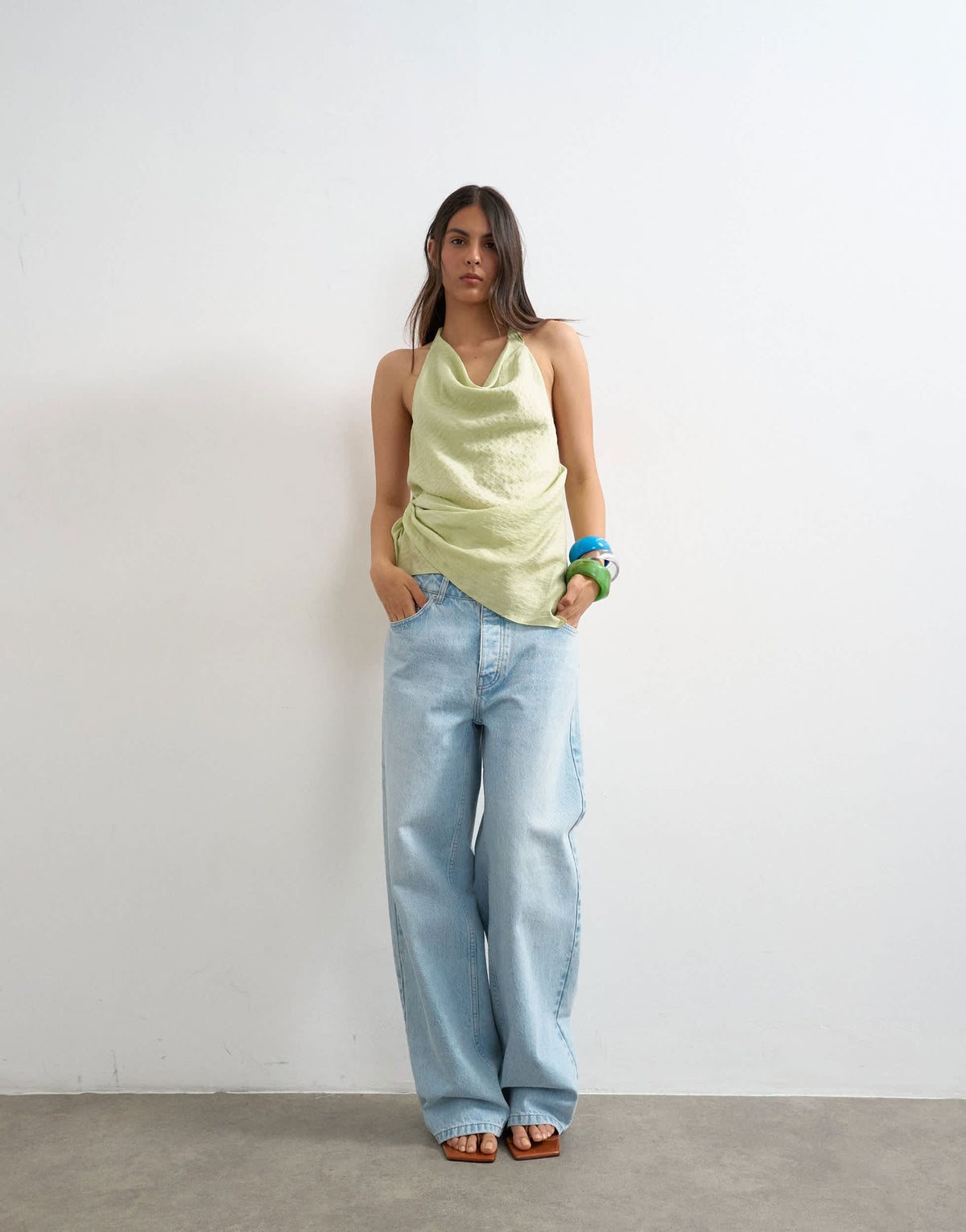 Topshop halter pinstripe draped cowl top in green