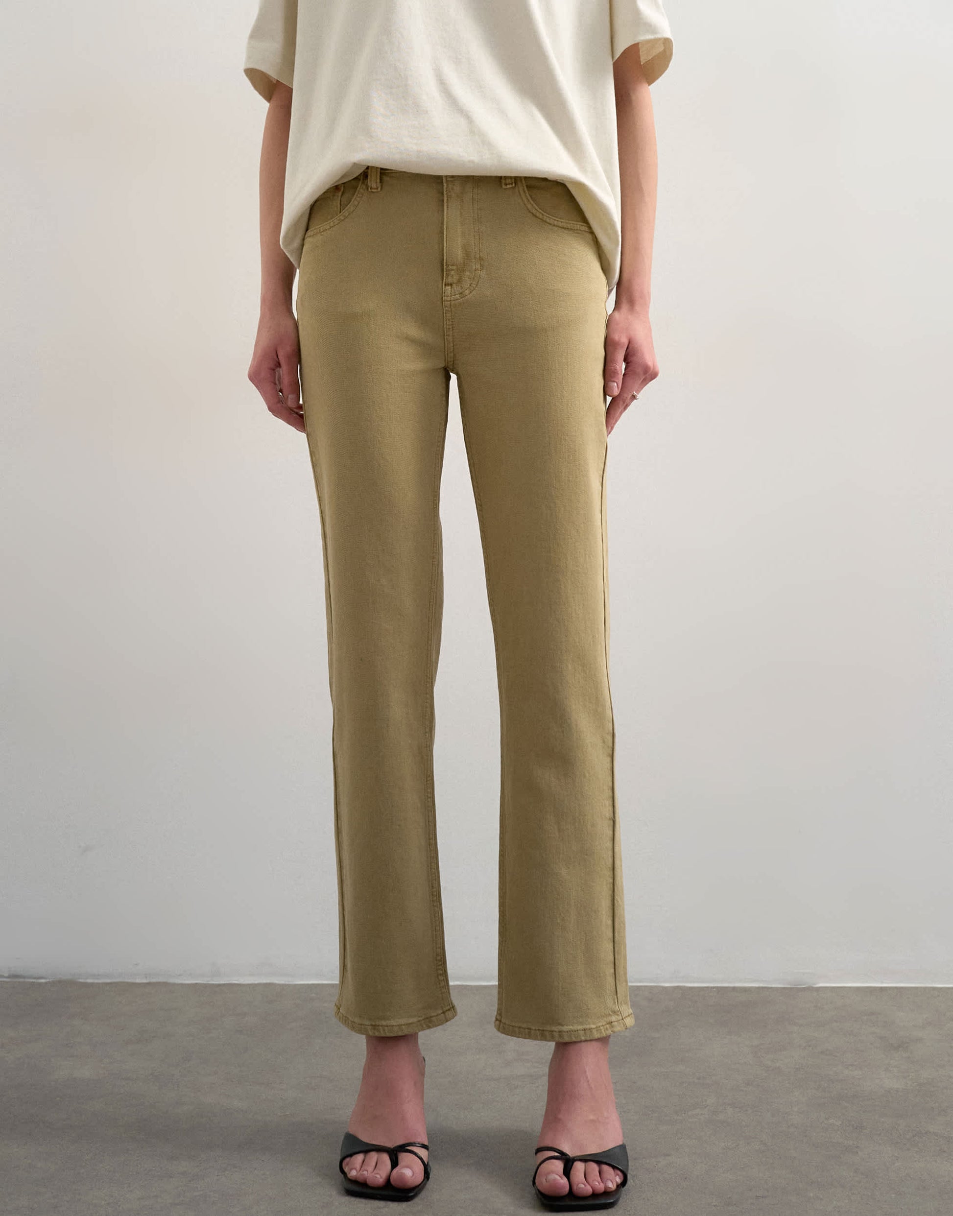 Topshop Orson mid rise comfort straight jean in dark beige