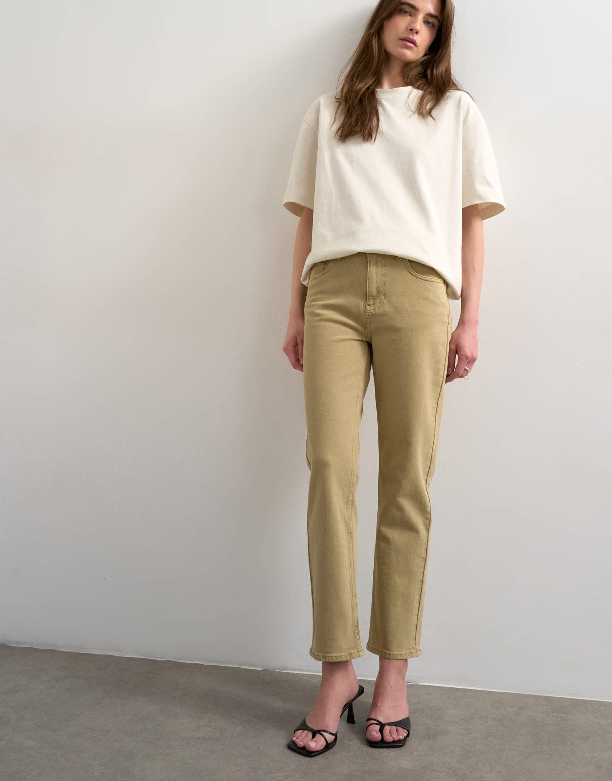 Topshop Orson mid rise comfort straight jean in dark beige