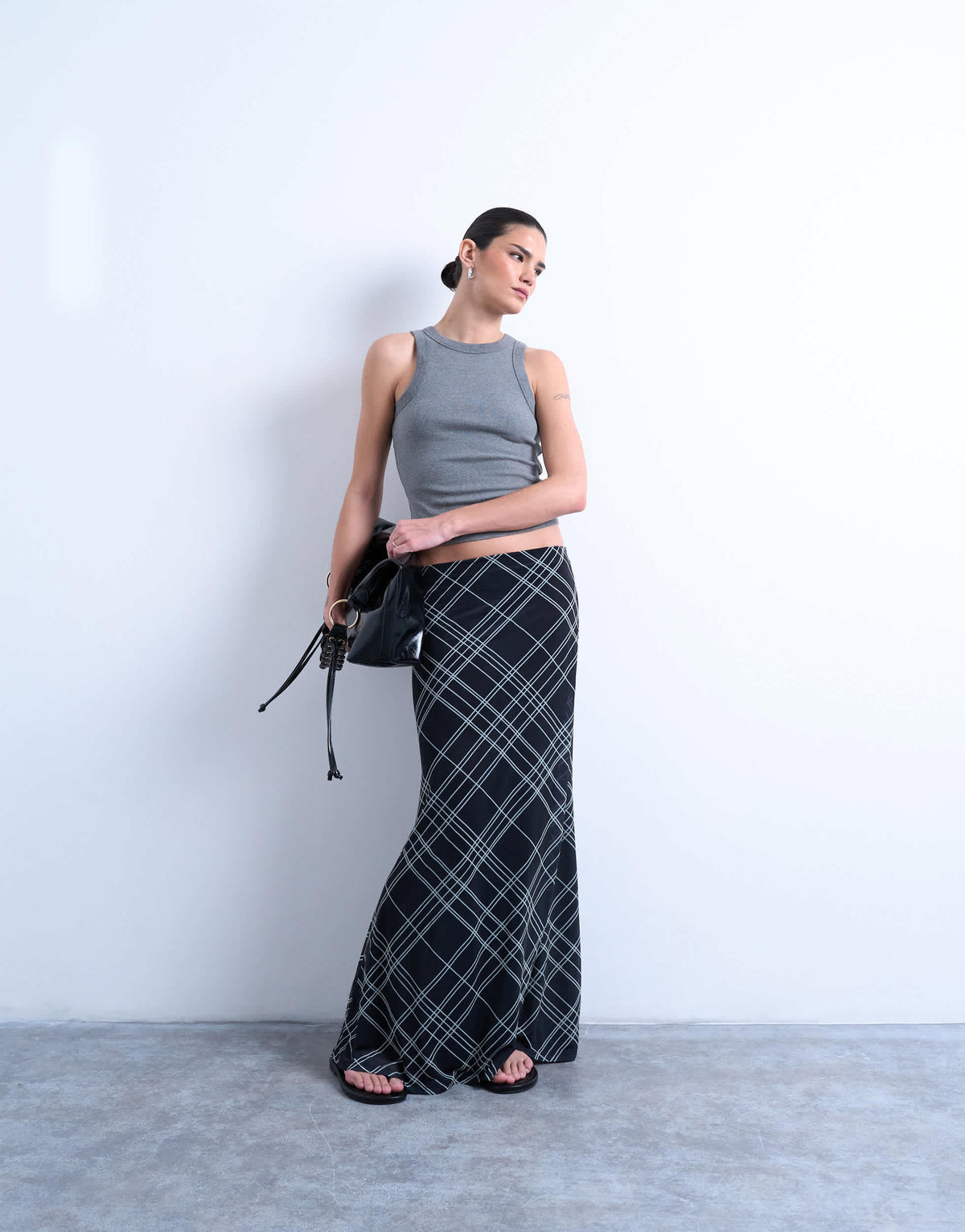 Topshop check print maxi skirt in black