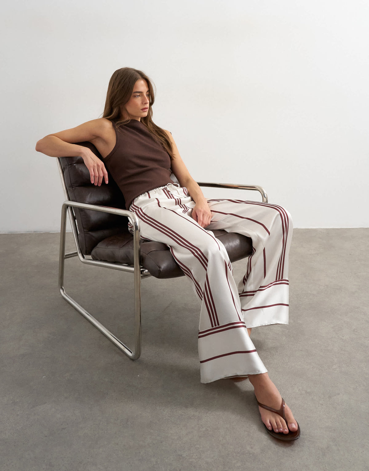 Topshop satin stripe tie waist wide leg trouser co-ord in ivory and chocolate