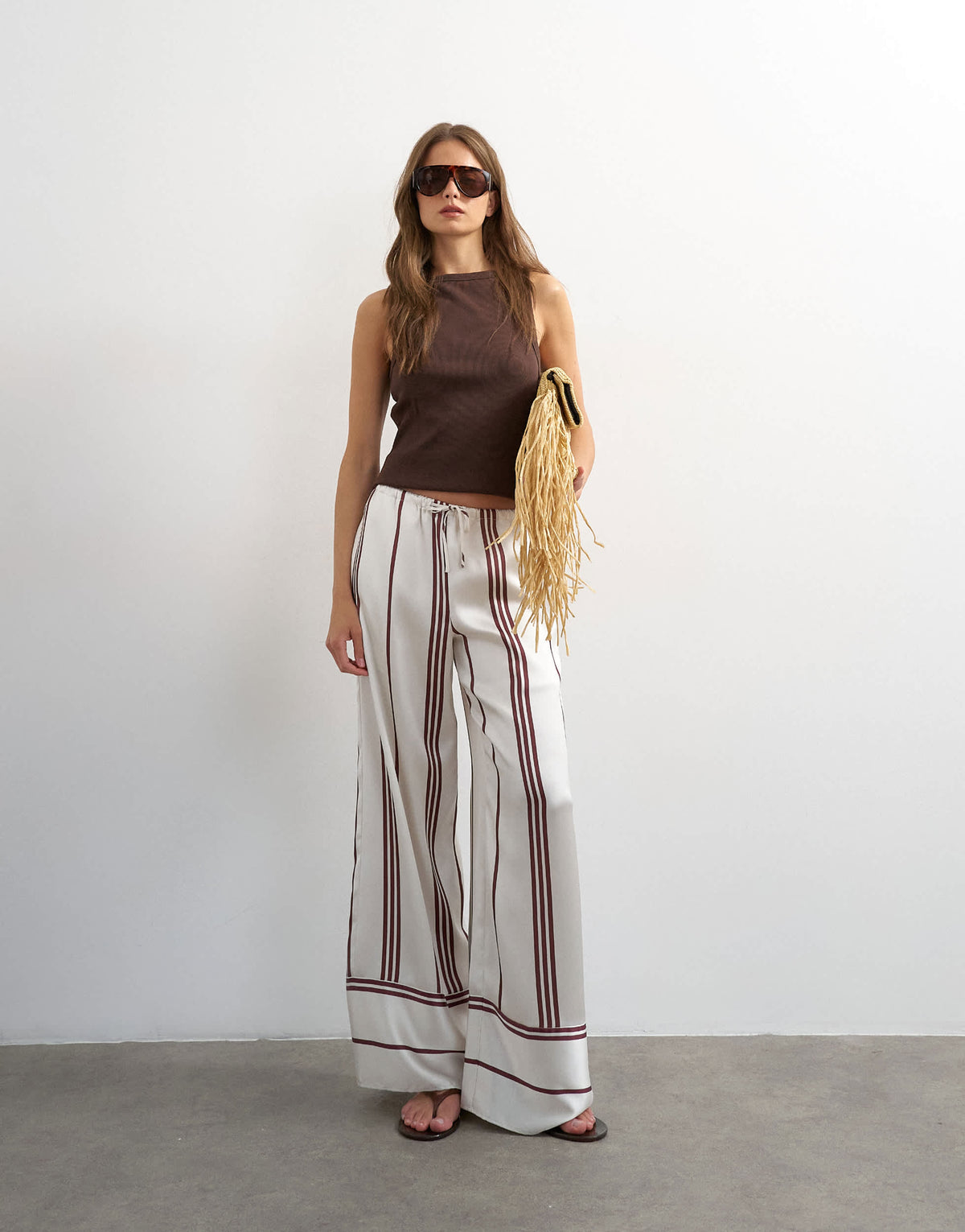Topshop satin stripe tie waist wide leg trouser co-ord in ivory and chocolate