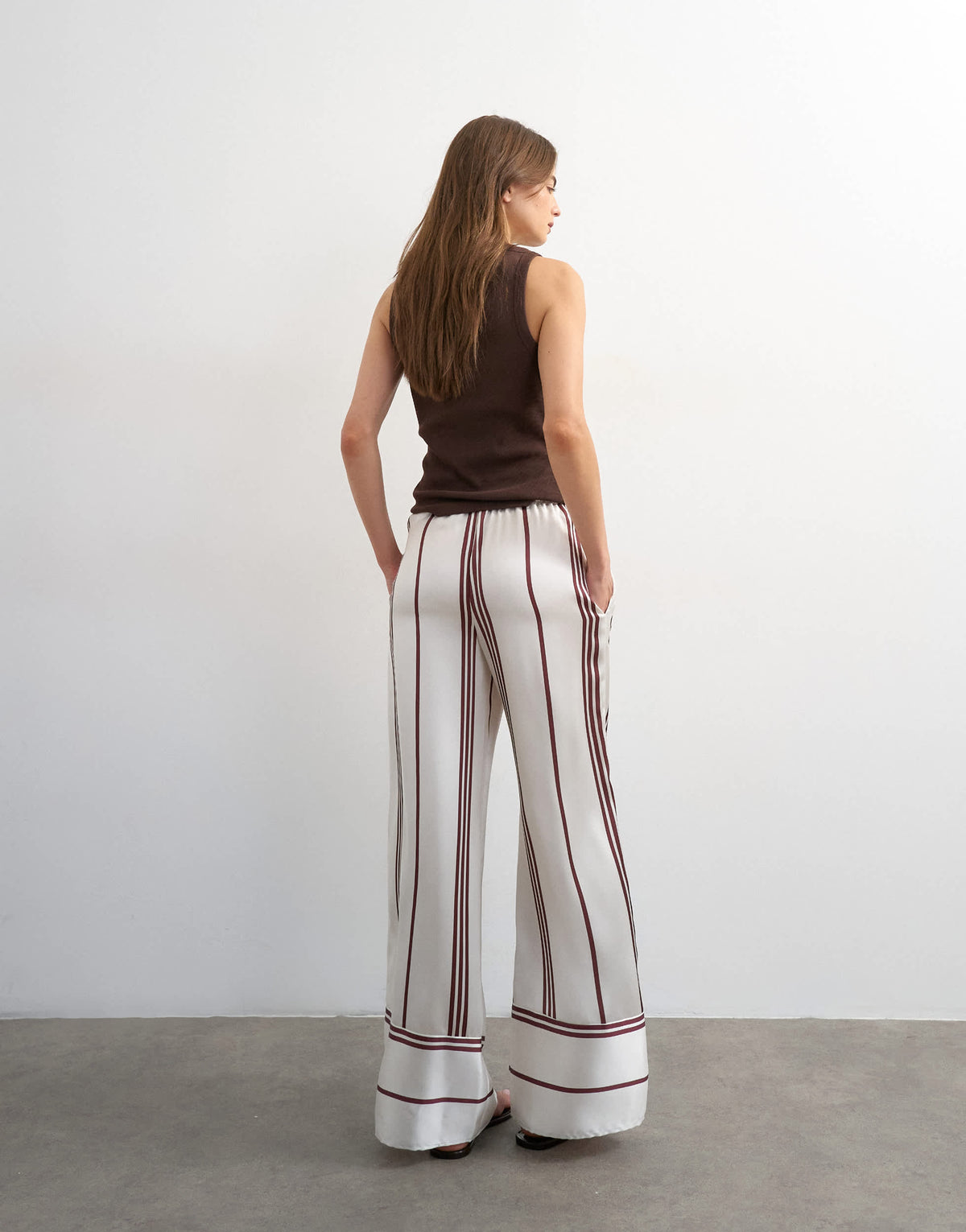 Topshop satin stripe tie waist wide leg trouser co-ord in ivory and chocolate