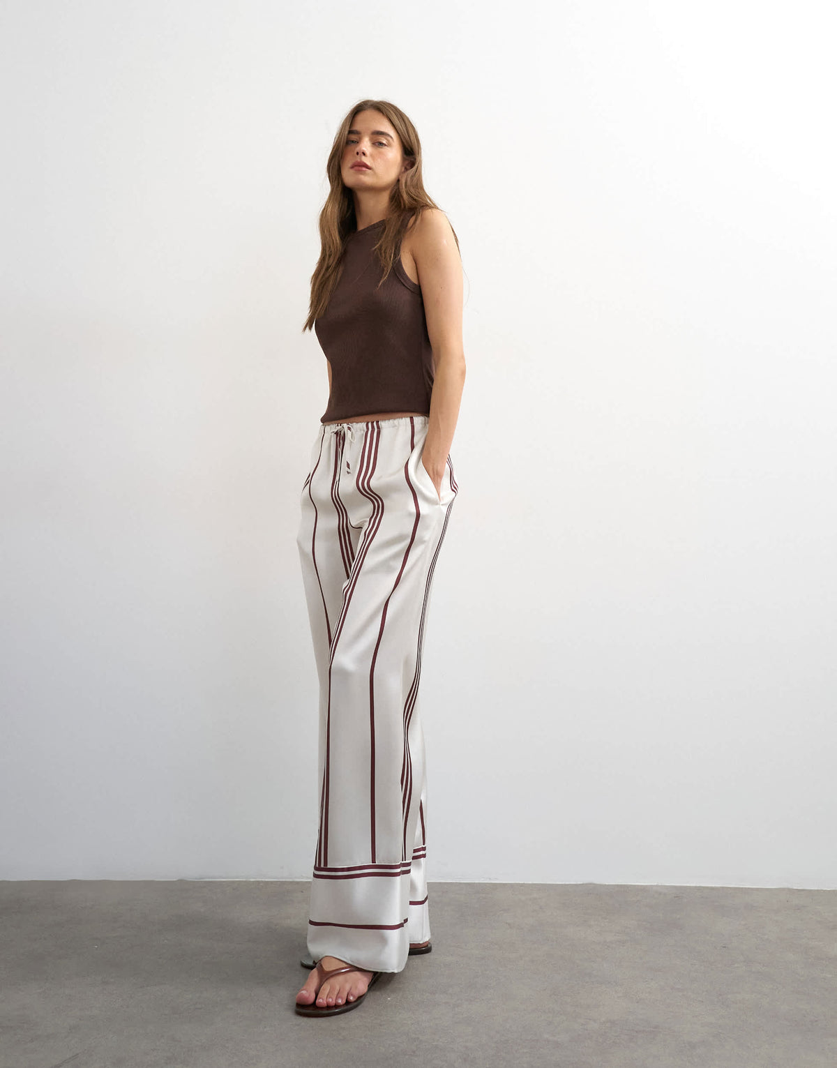 Topshop satin stripe tie waist wide leg trouser co-ord in ivory and chocolate