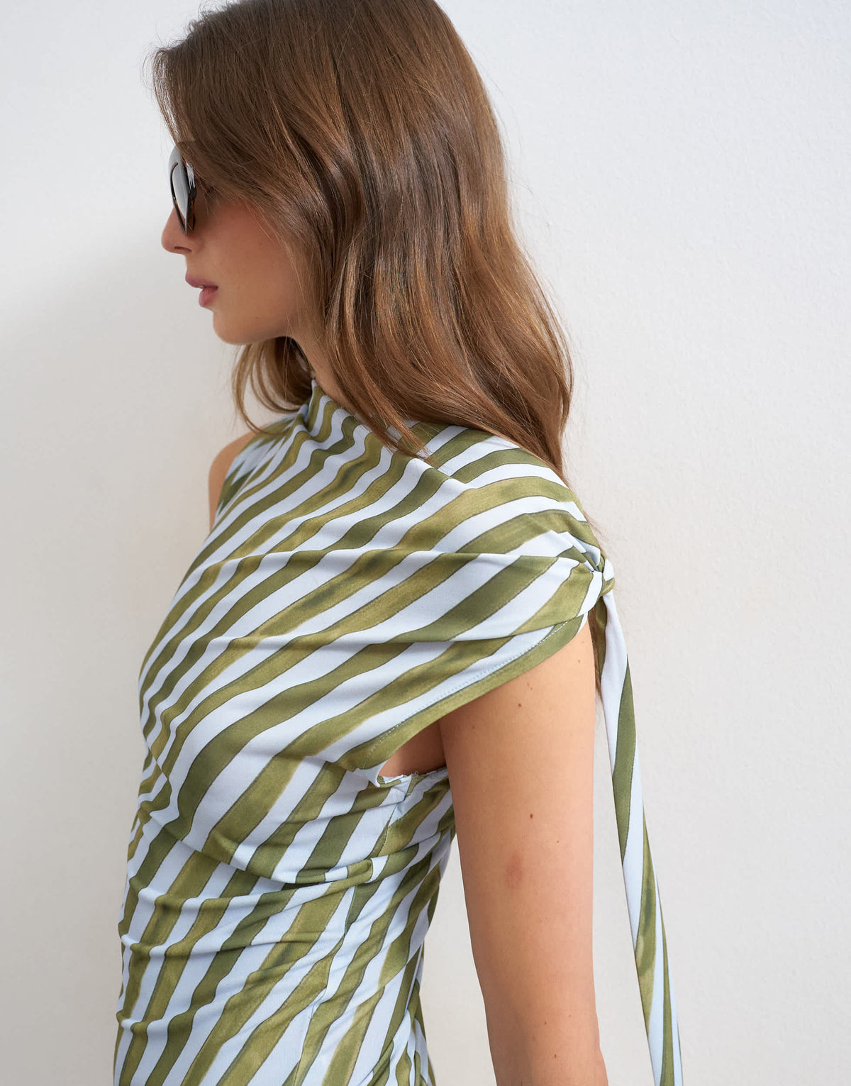 Topshop microfibre stripe knot shoulder tank in green