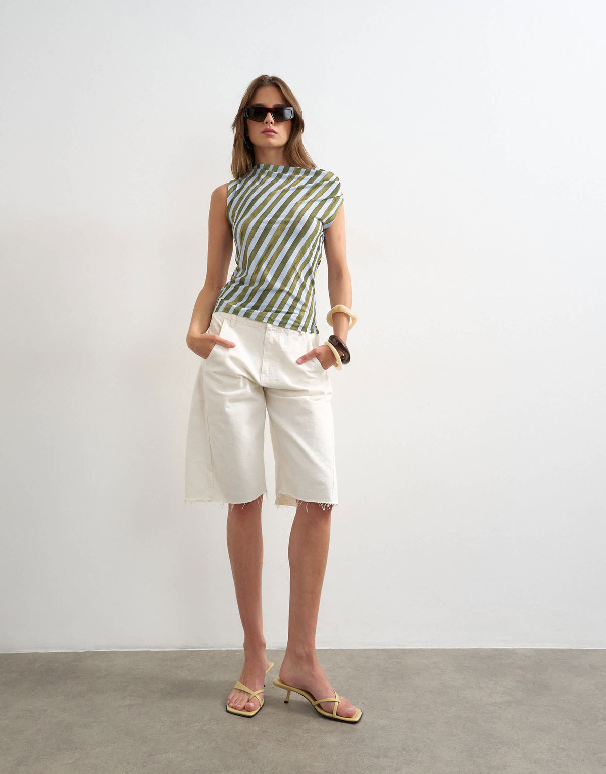 Topshop microfibre stripe knot shoulder tank in green