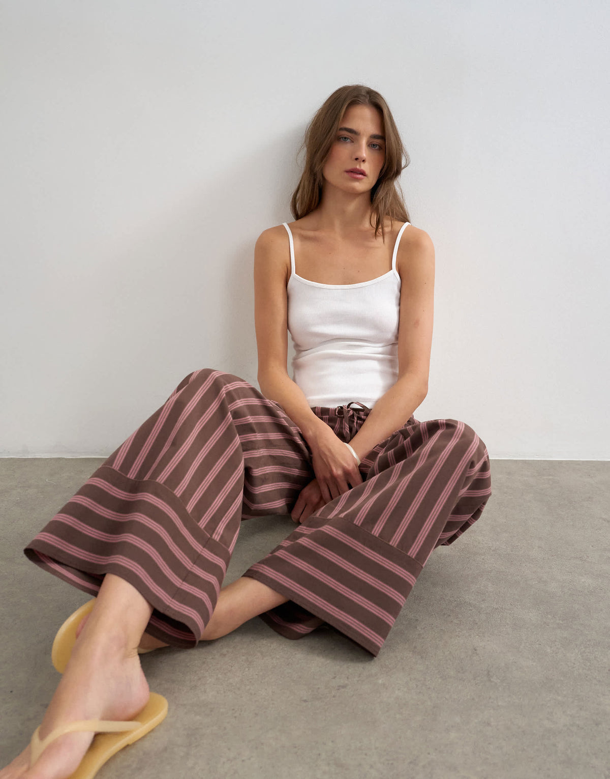 Topshop stripe tie waist wide leg trouser in brown and pink