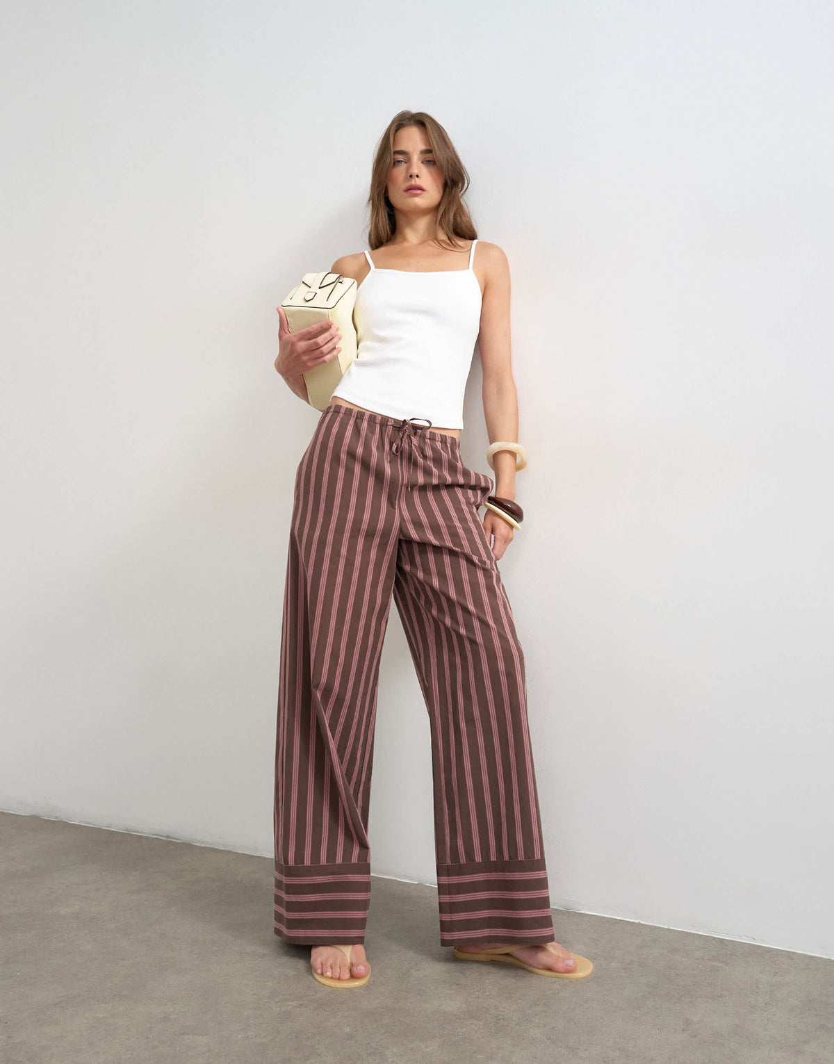Topshop stripe tie waist wide leg trouser in brown and pink