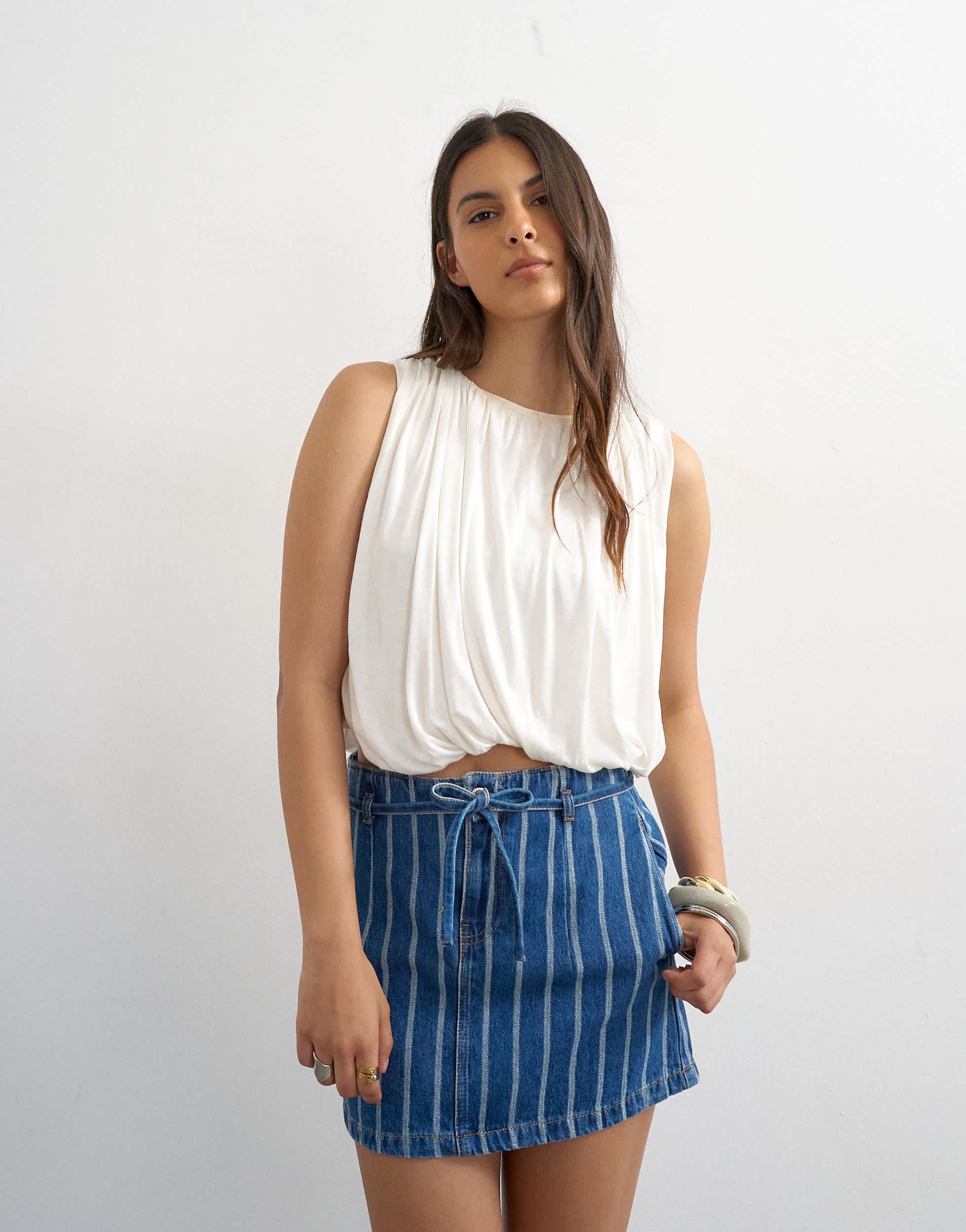 Topshop denim tie dart pelmet mini skirt in blue stripe