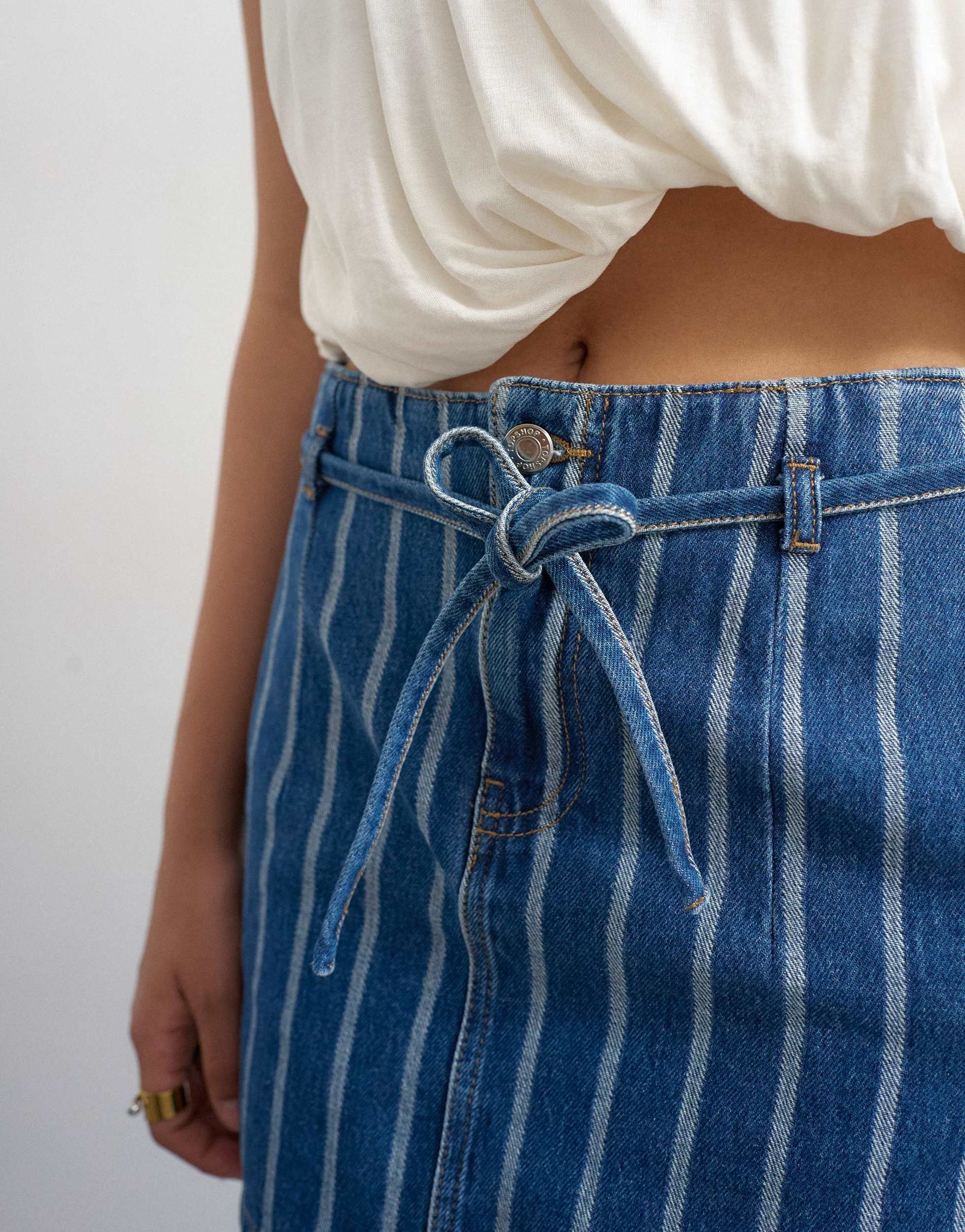 Topshop denim tie dart pelmet mini skirt in blue stripe