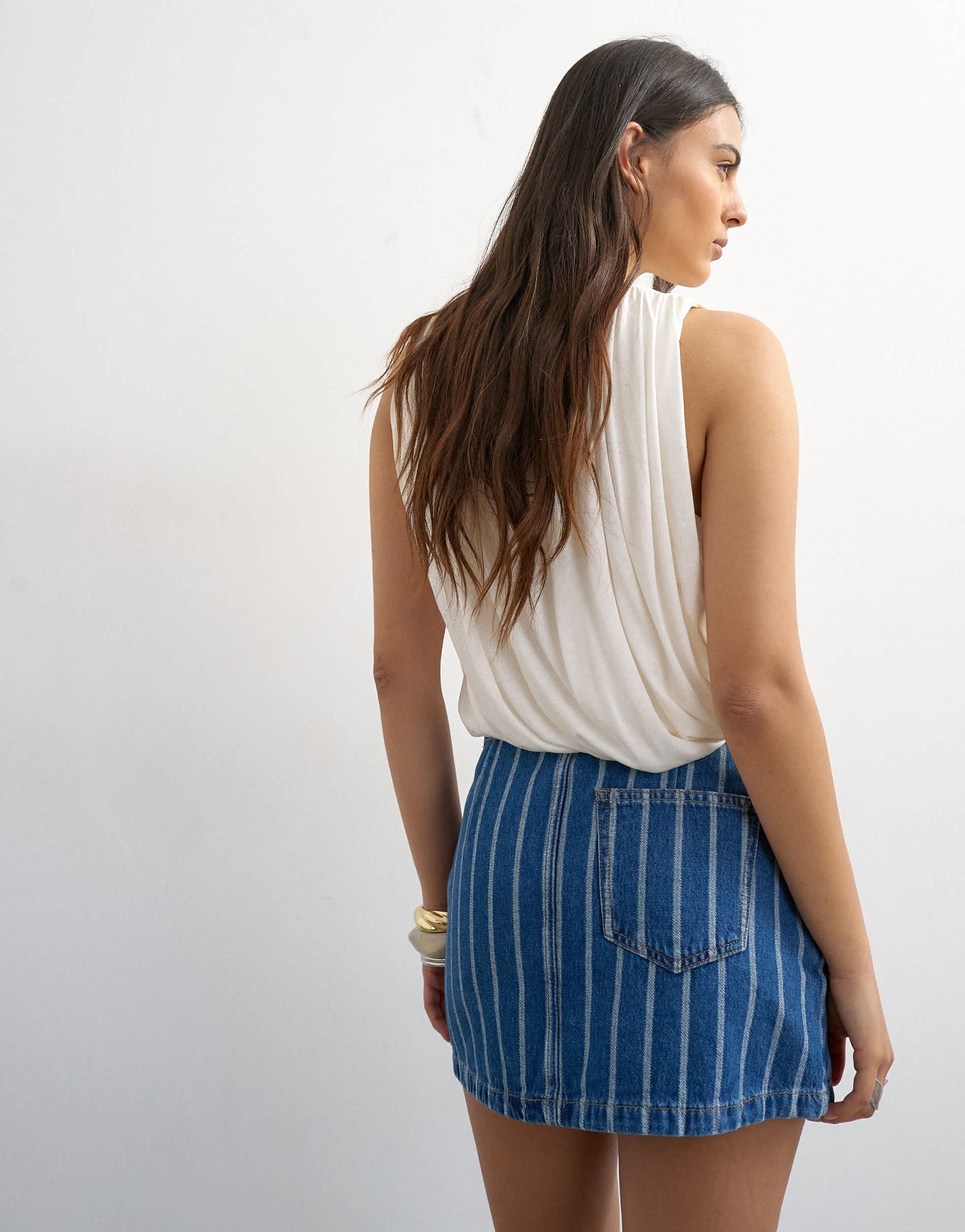 Topshop denim tie dart pelmet mini skirt in blue stripe
