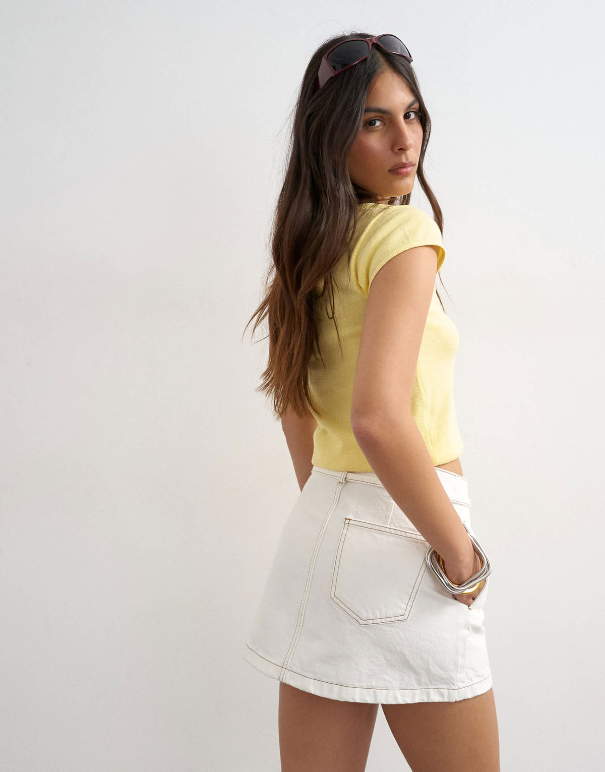 Topshop denim tie dart pelmet mini skirt in white