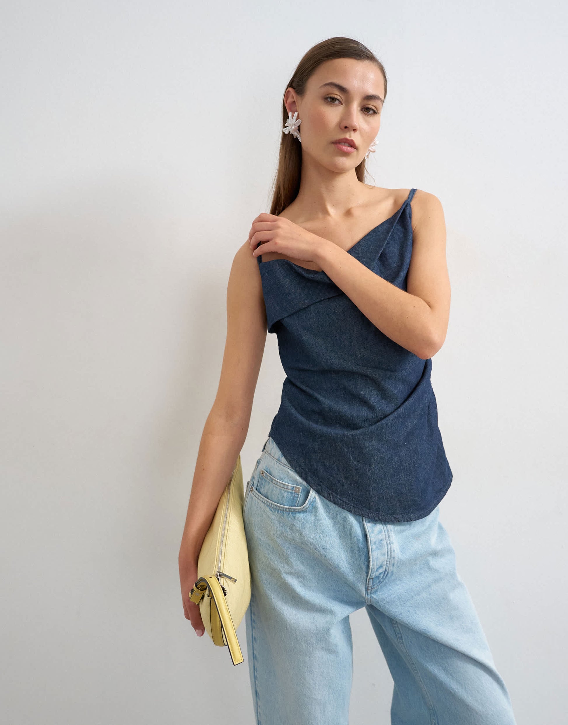 Topshop denim draped neck ruched top in indigo rinse