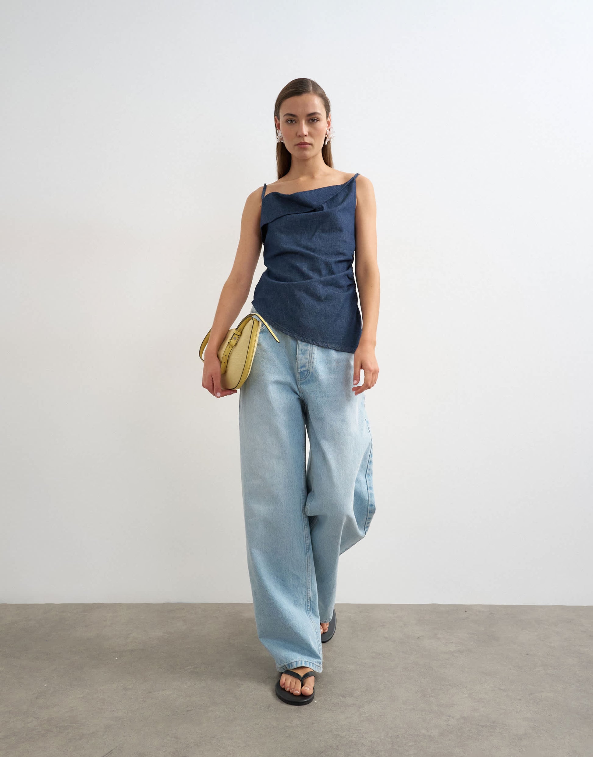 Topshop denim draped neck ruched top in indigo rinse