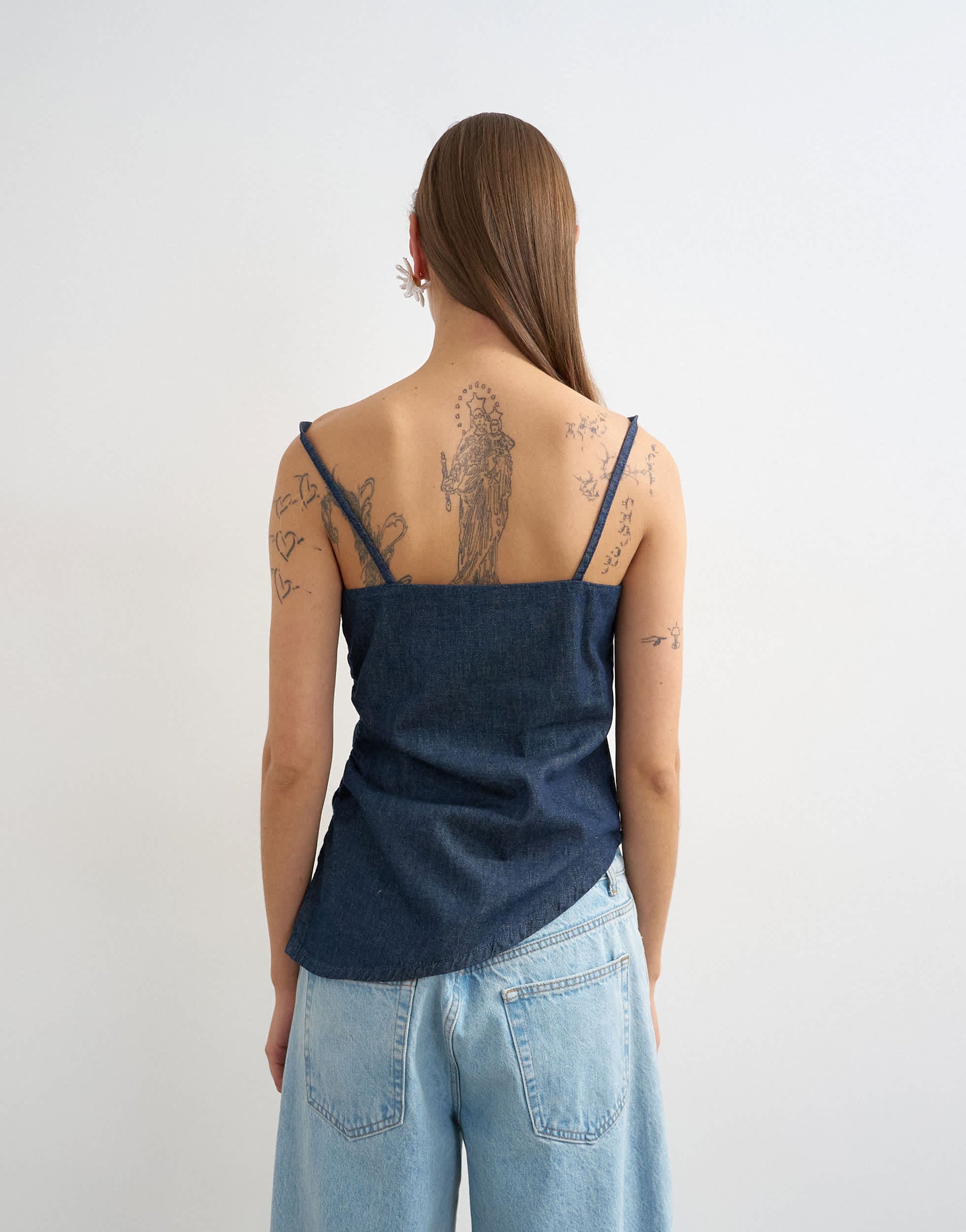 Topshop denim draped neck ruched top in indigo rinse