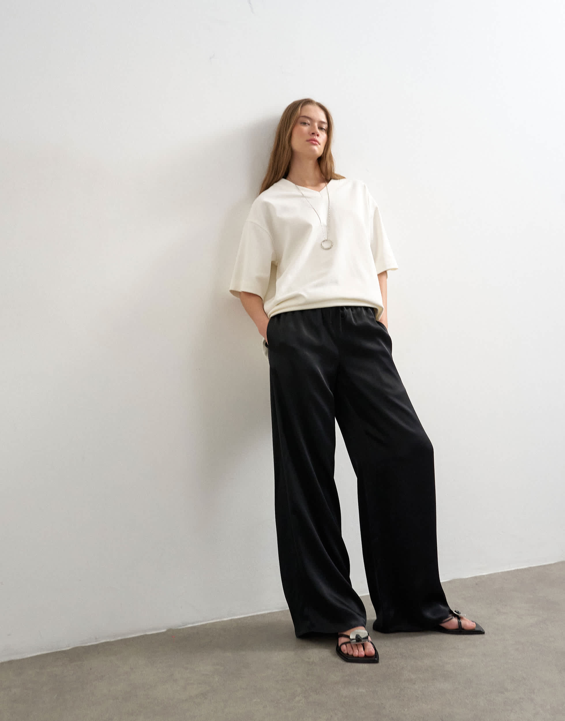 Topshop plain satin tie waist wide leg trouser in black