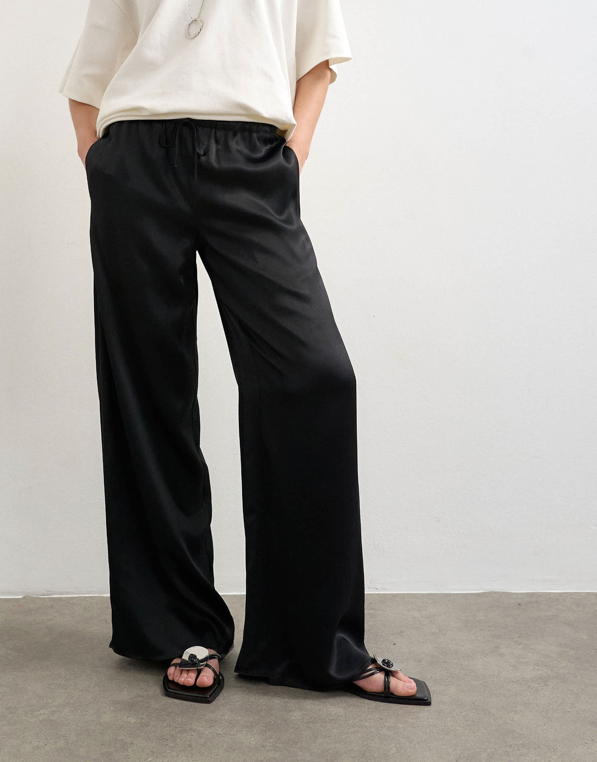 Topshop plain satin tie waist wide leg trouser in black