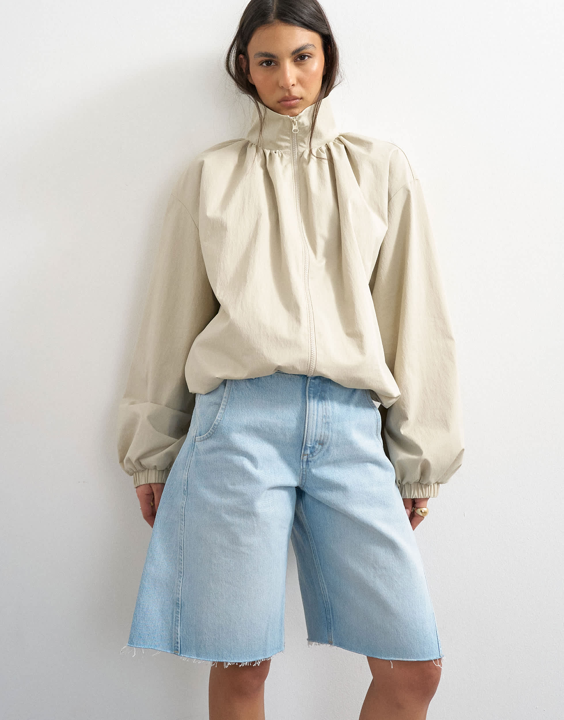 Topshop pleated funnel neck anorak in stone