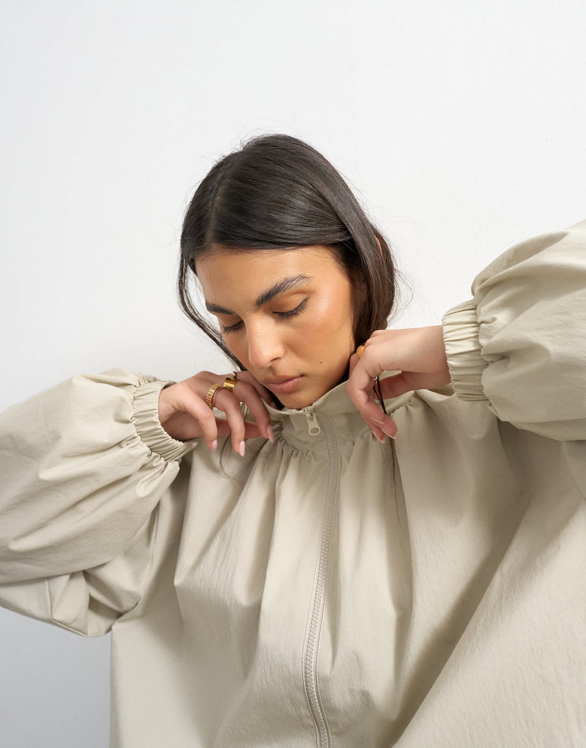 Topshop pleated funnel neck anorak in stone
