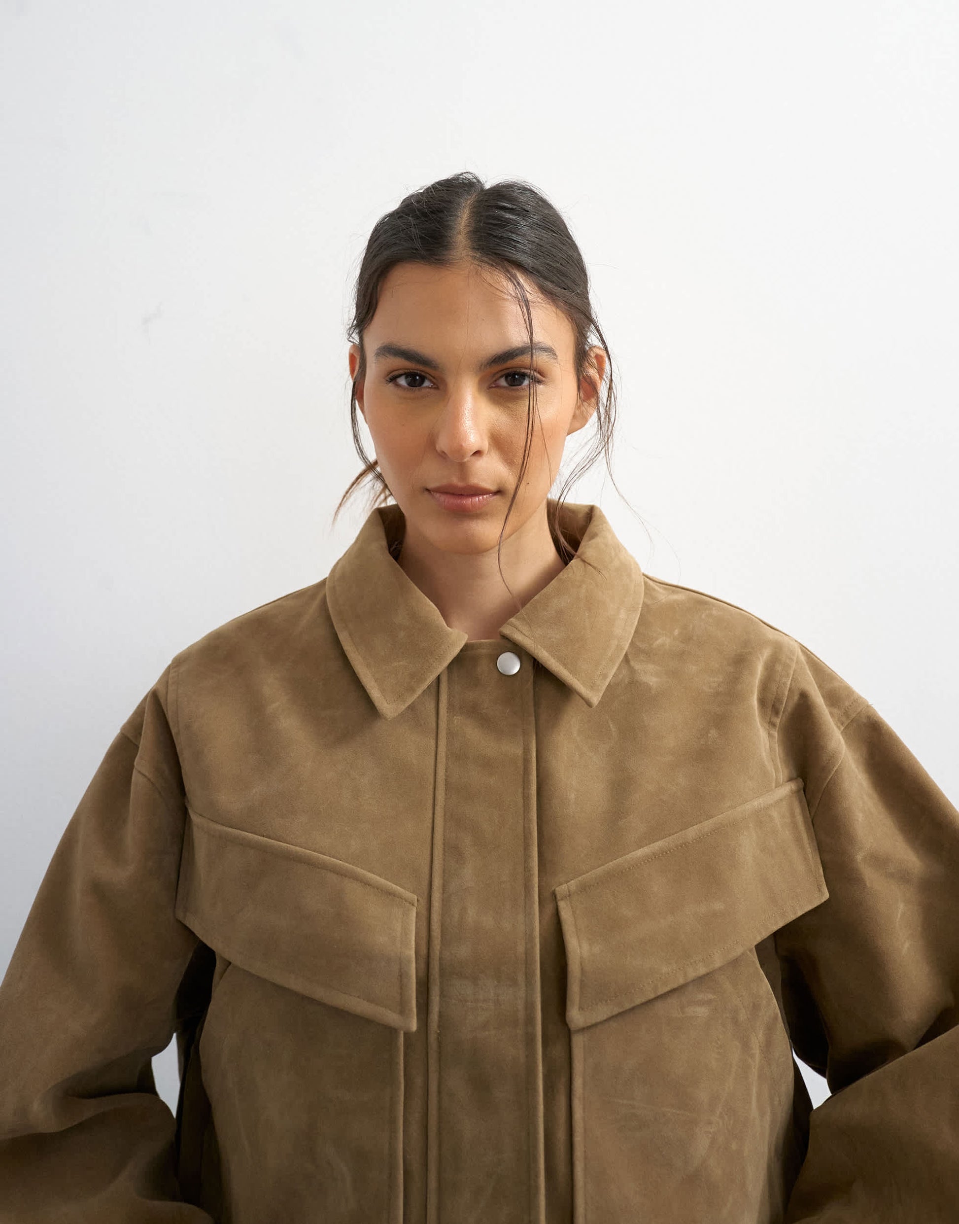 Topshop faux suede zip through bomber jacket in tan