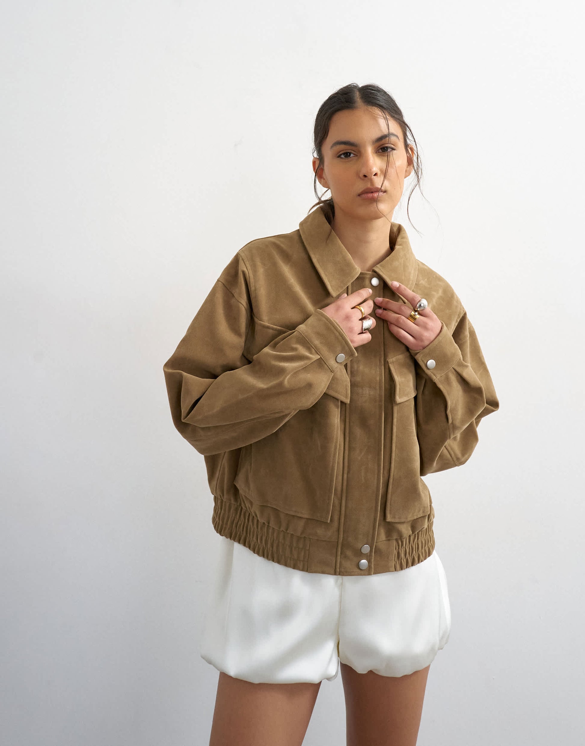 Topshop faux suede zip through bomber jacket in tan