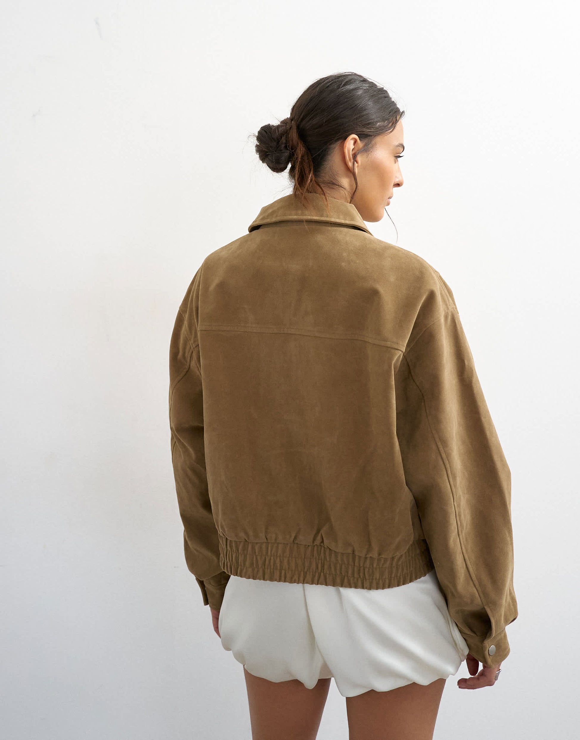 Topshop faux suede zip through bomber jacket in tan