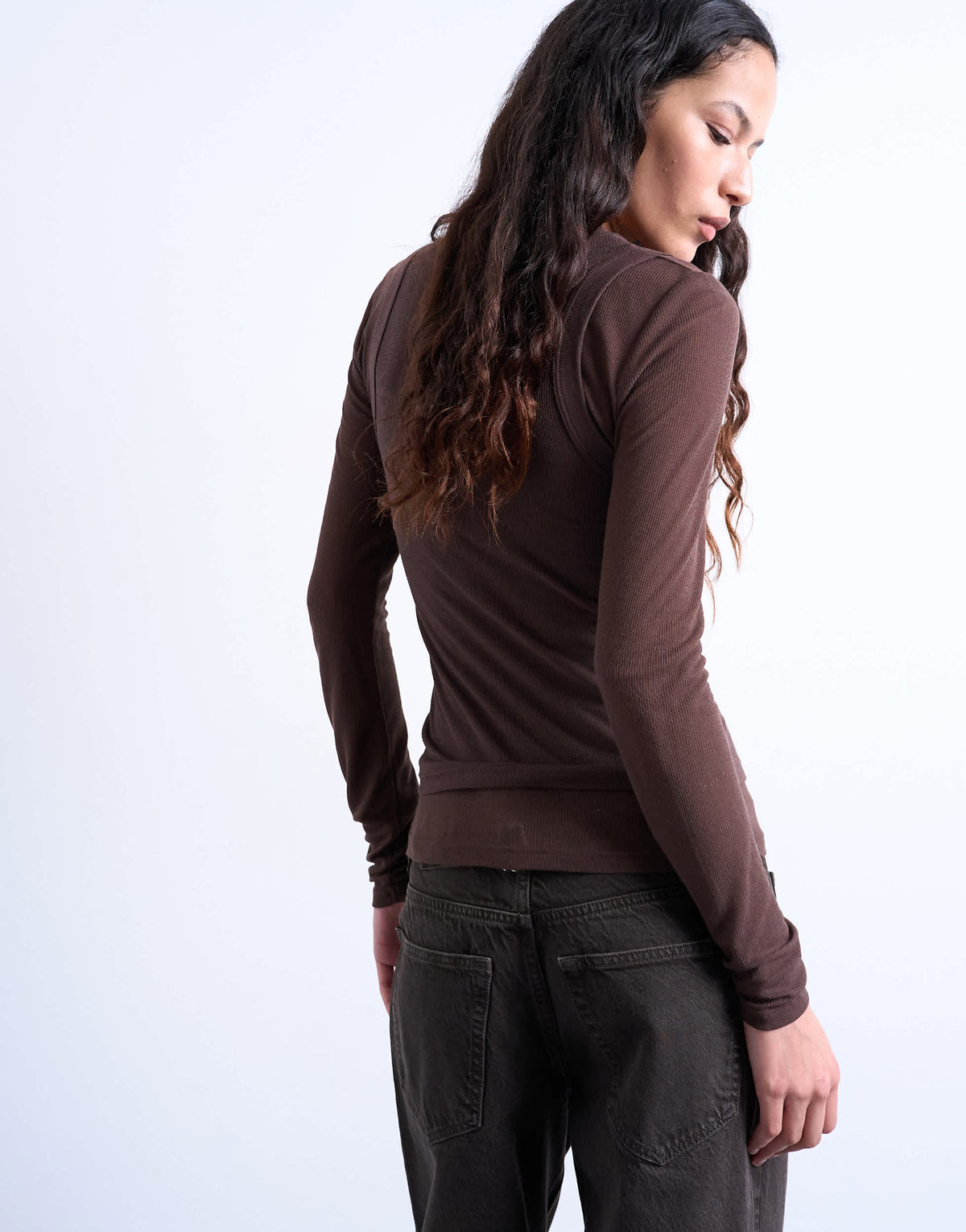 Topshop premium sheer rib double layer long sleeve top in chocolate
