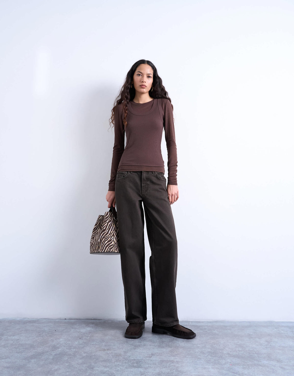 Topshop premium sheer rib double layer long sleeve top in chocolate