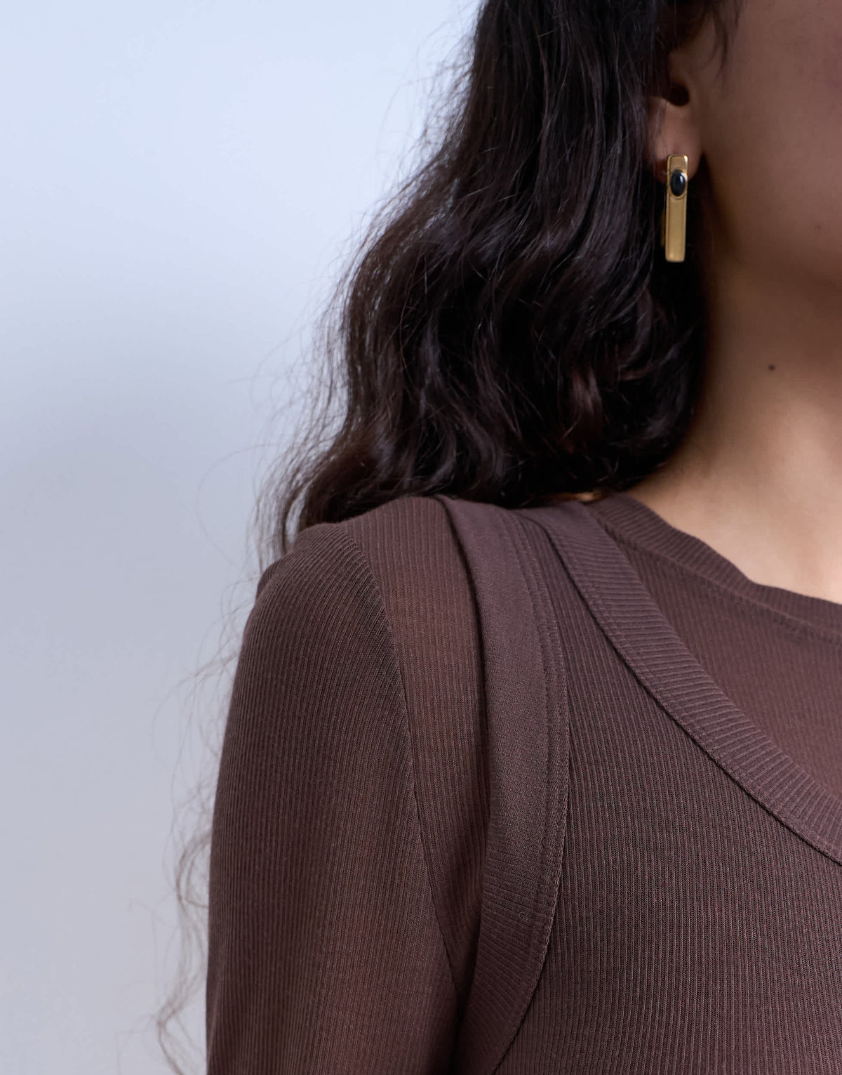 Topshop premium sheer rib double layer long sleeve top in chocolate