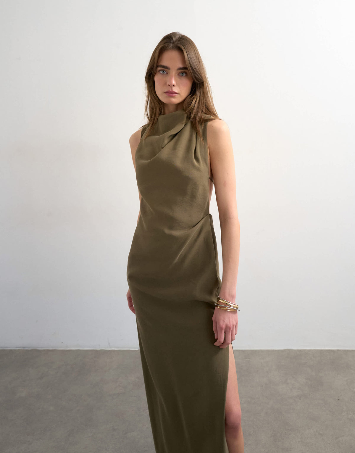 Topshop drape detail midi dress in green