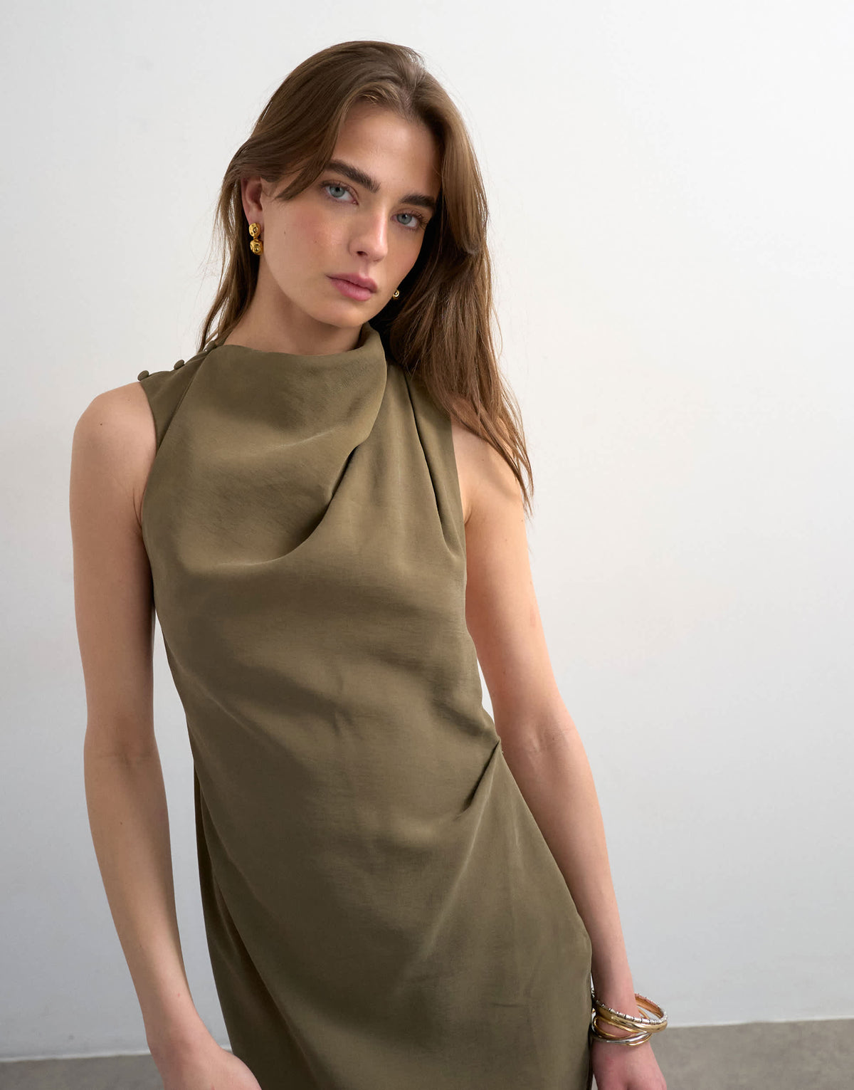 Topshop drape detail midi dress in green