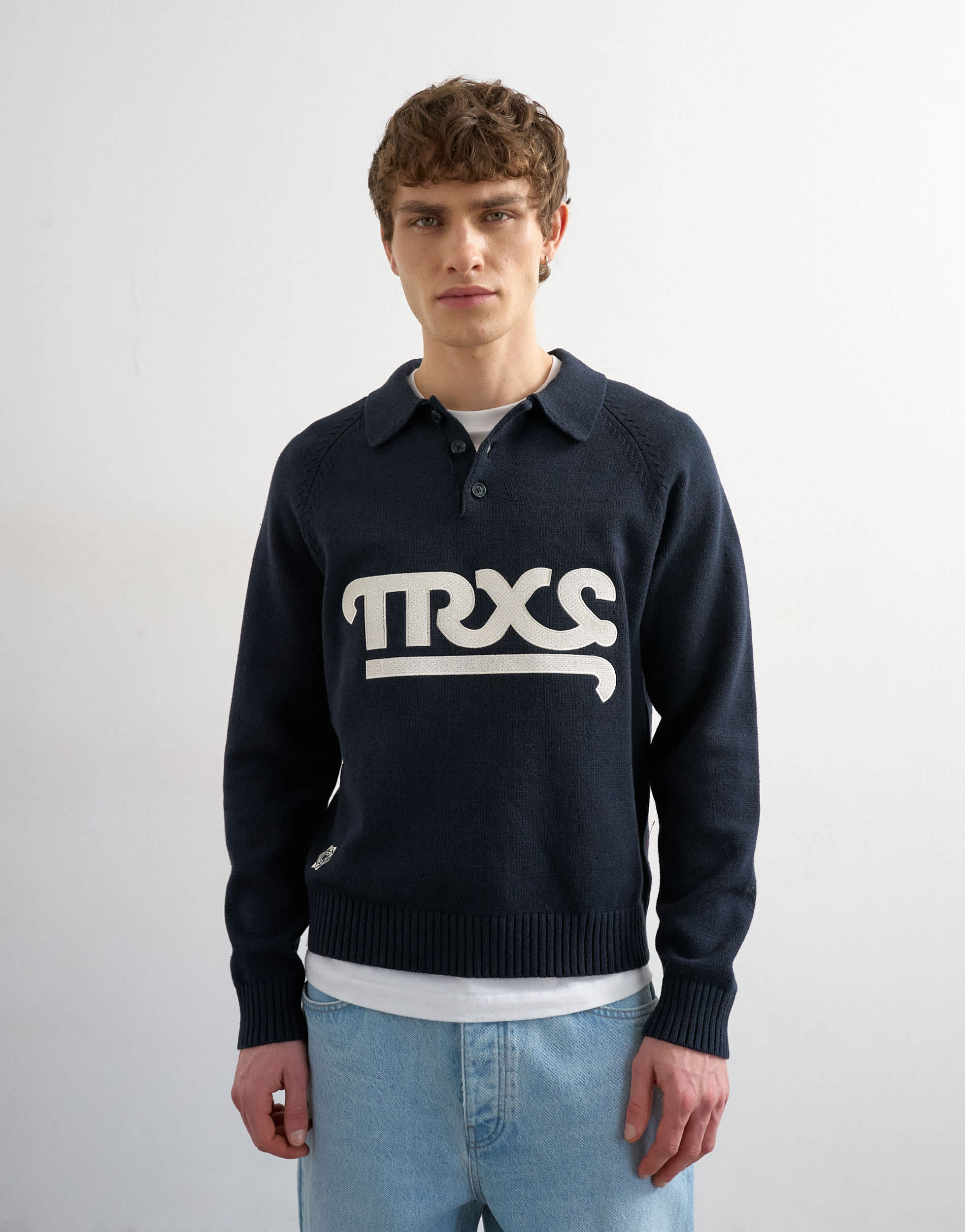 Topman klassisches gestricktes Rugby-Polohemd in Navy mit Applikationsschriftzug