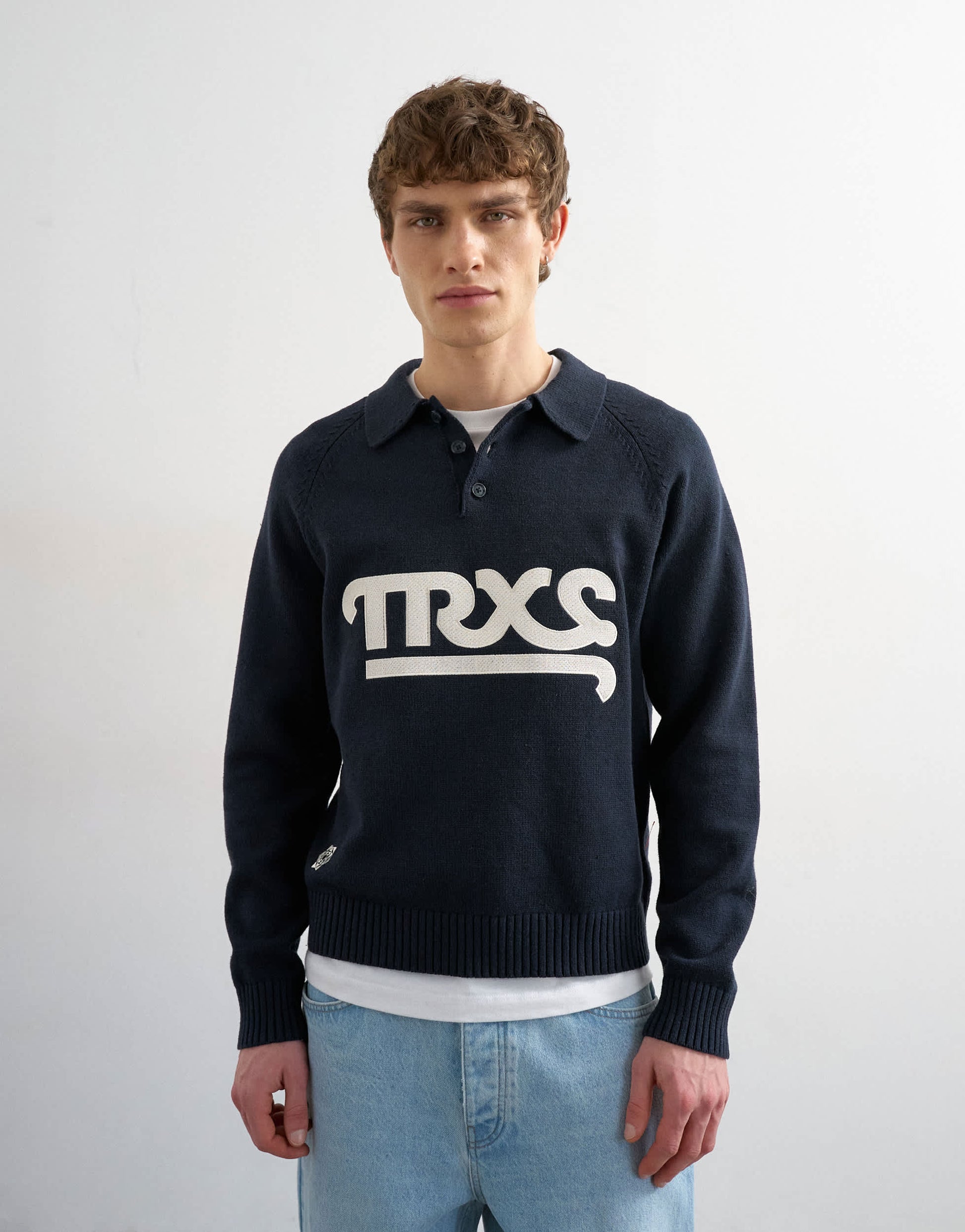 Topman classic fit knitted rugby polo with applique text in navy