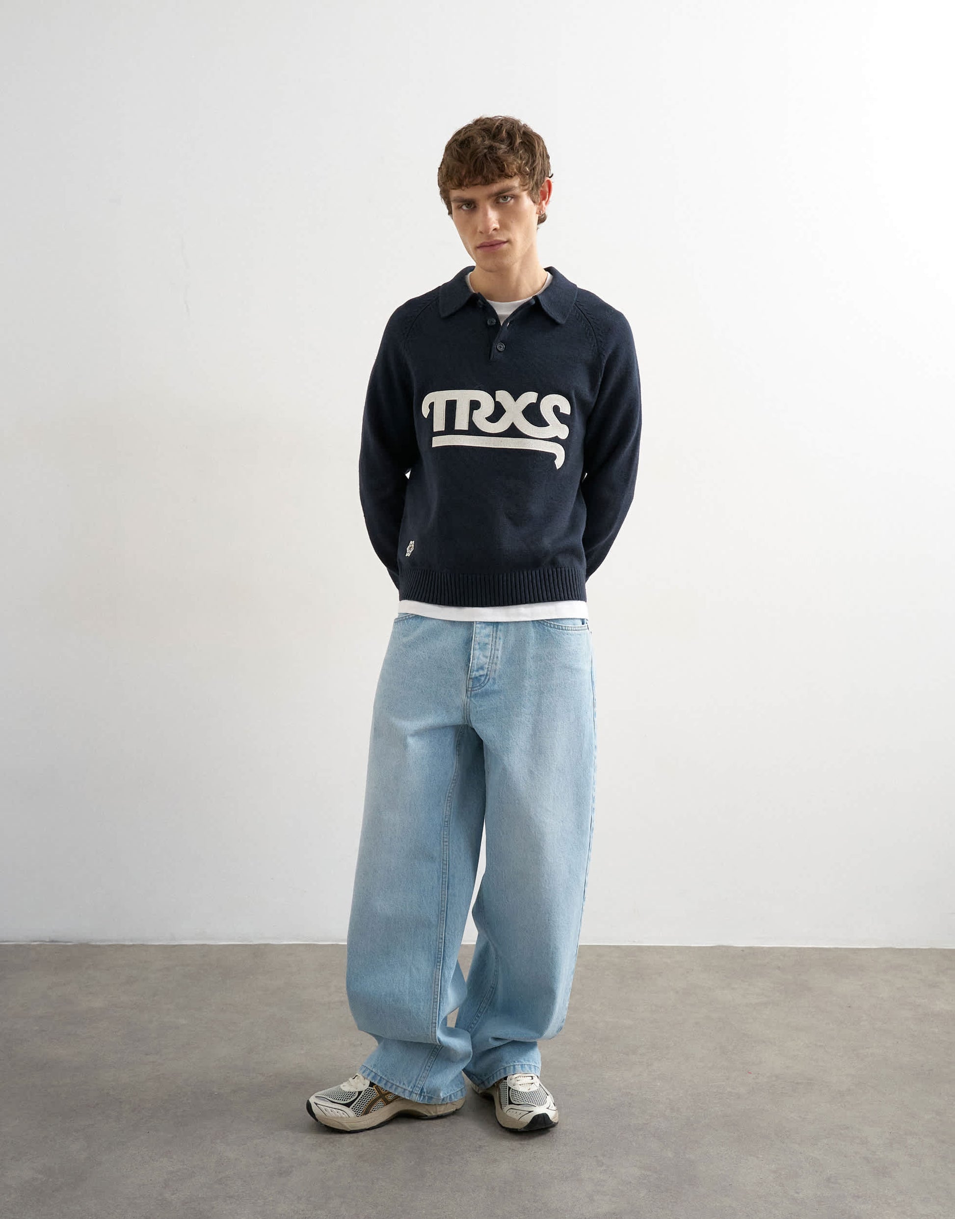 Topman classic fit knitted rugby polo with applique text in navy