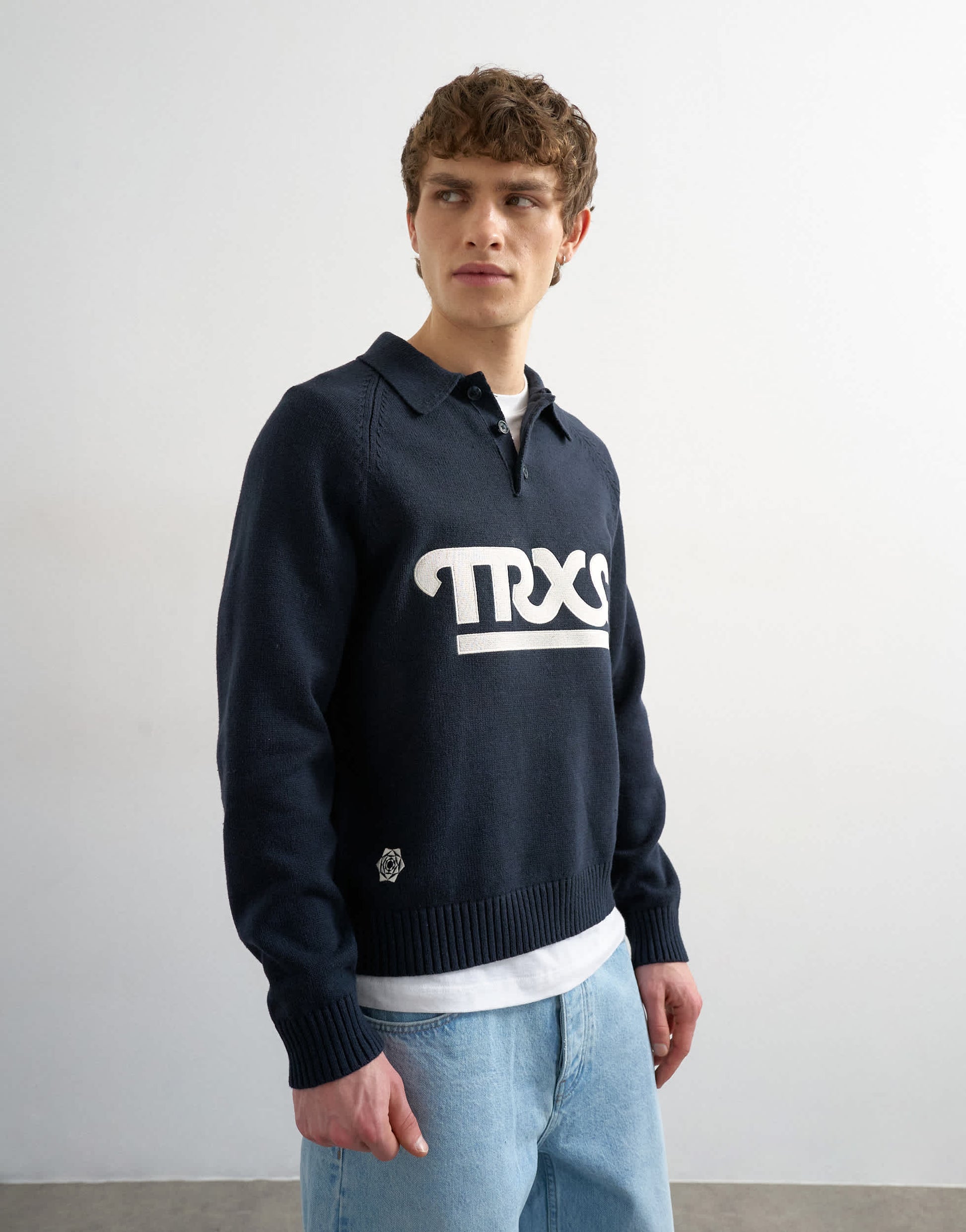 Topman classic fit knitted rugby polo with applique text in navy