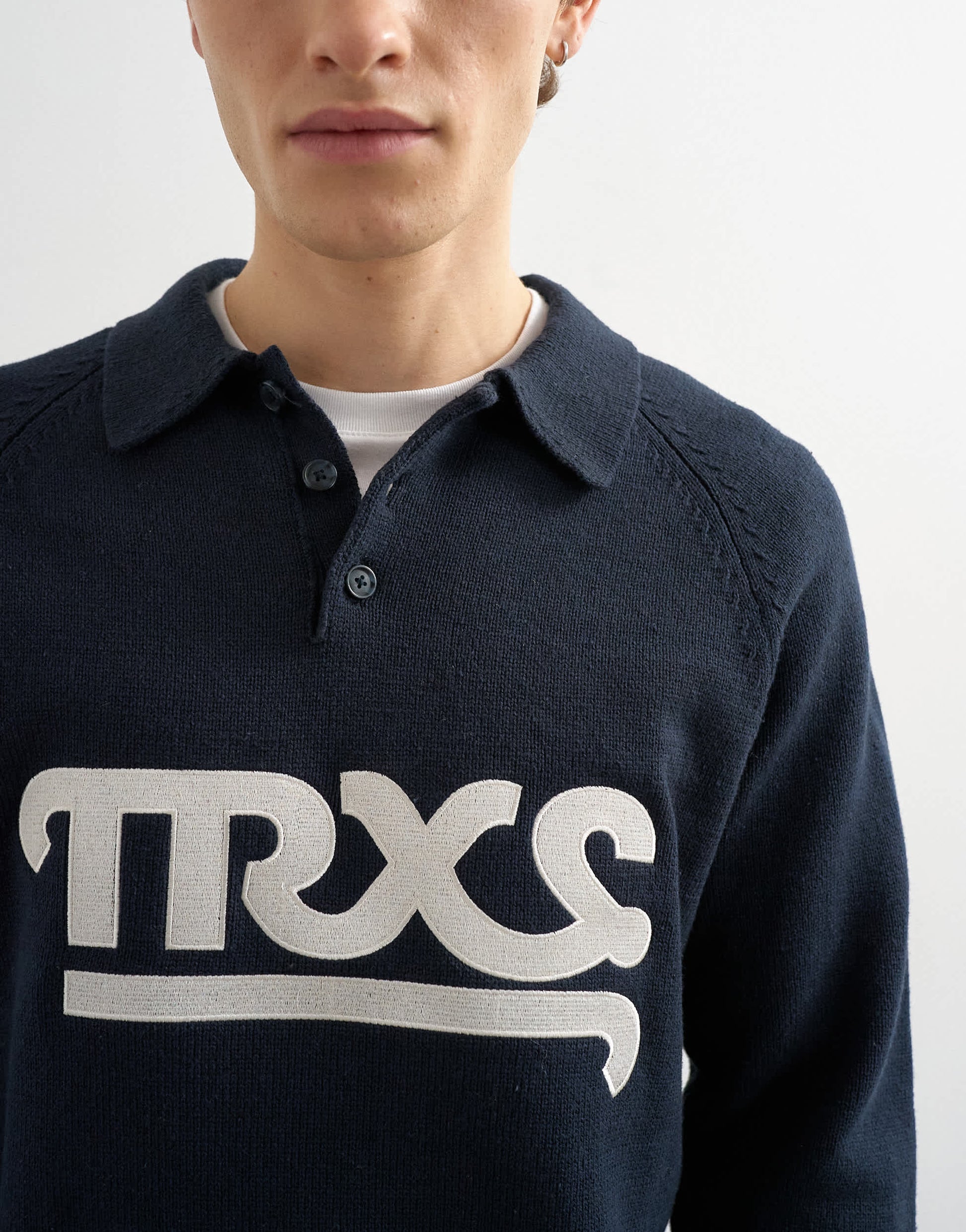 Topman classic fit knitted rugby polo with applique text in navy