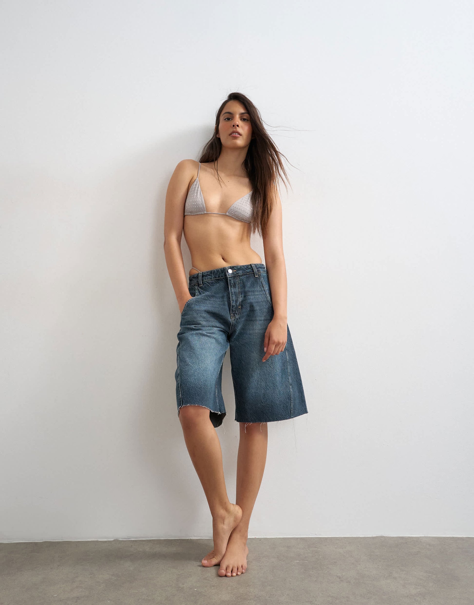 Topshop Mimi micro triangle bikini top with gems in grey