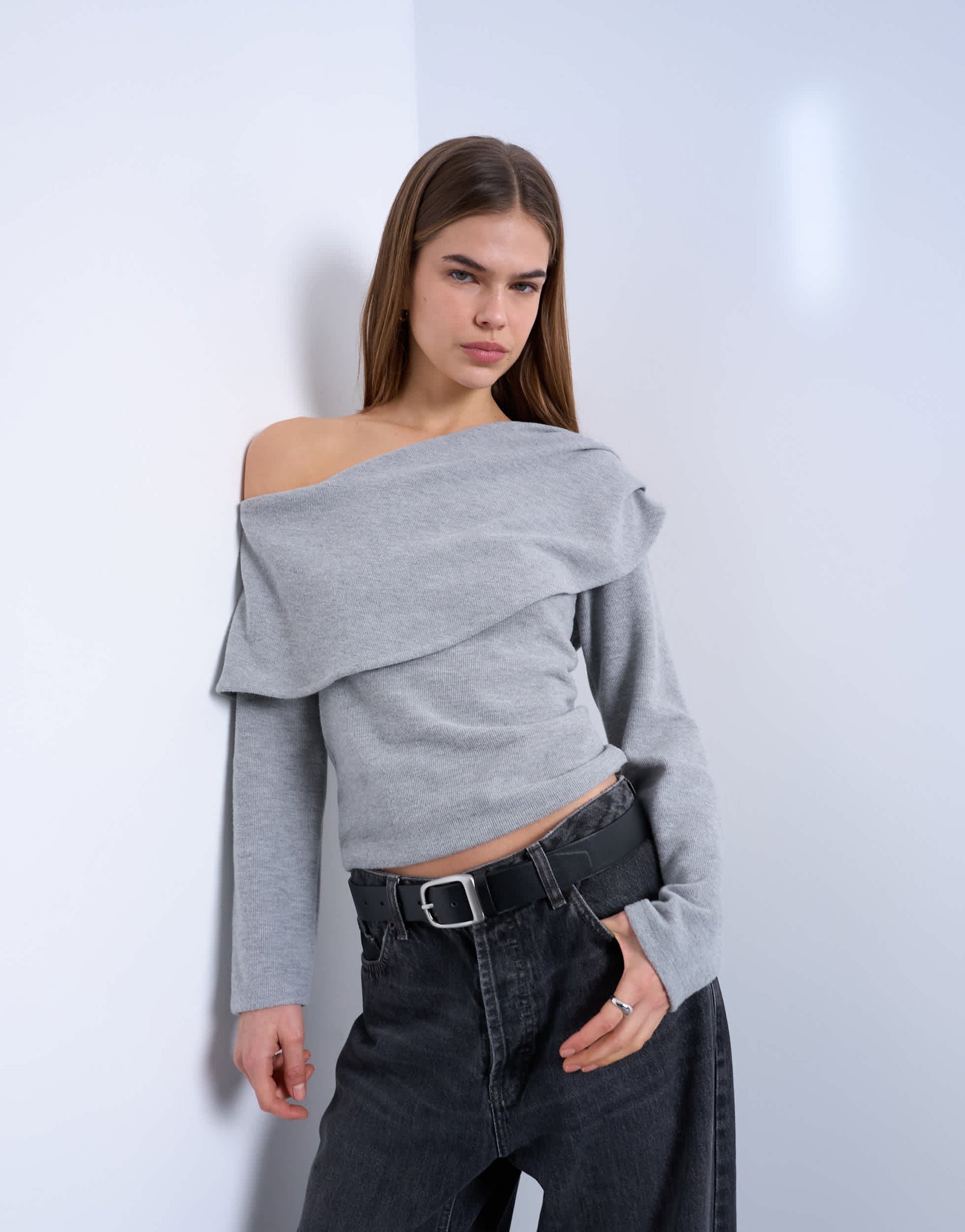 Topshop asymmetric soft touch bardot drape long sleeve top in grey marl