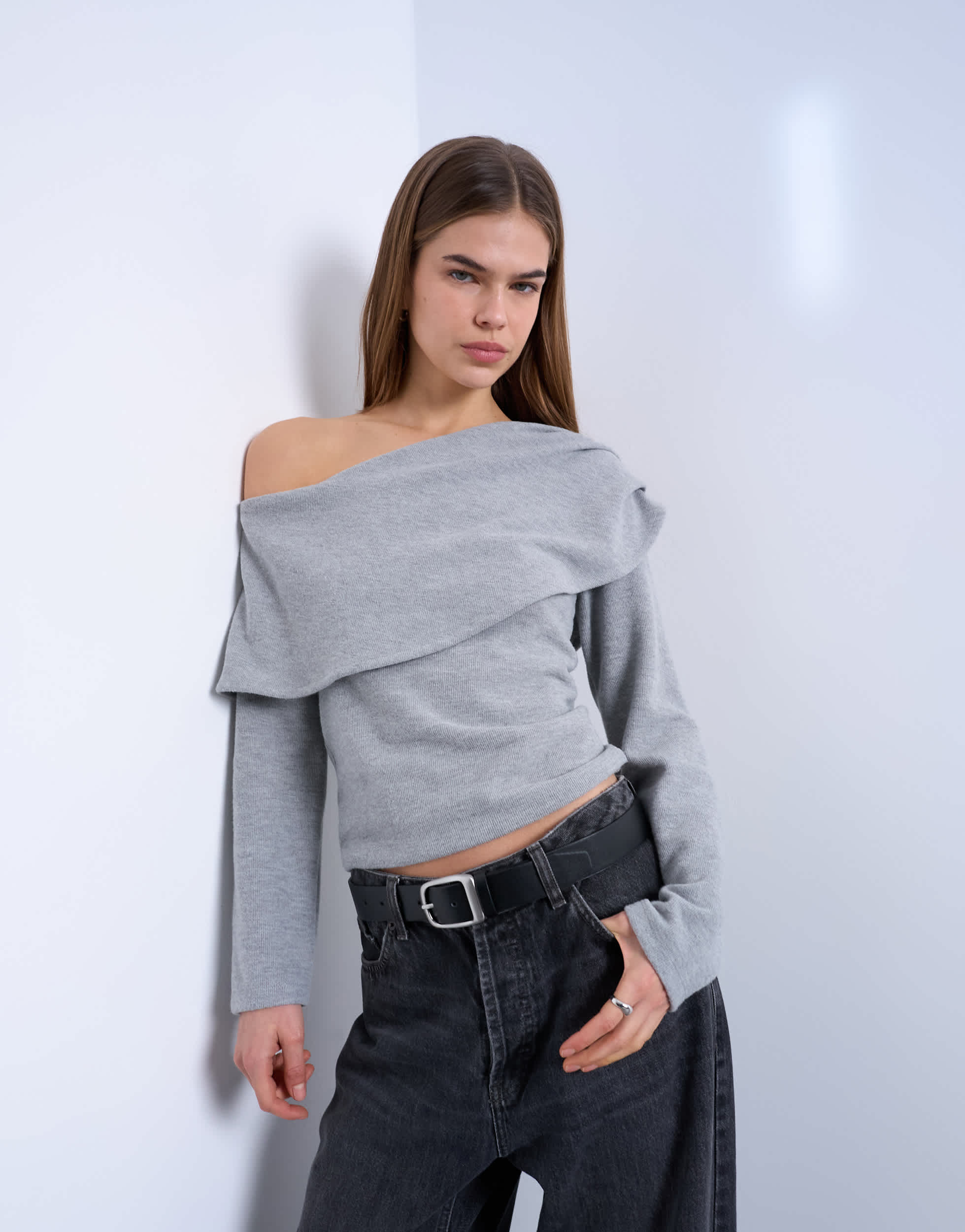 Topshop asymmetric soft touch bardot drape long sleeve top in grey marl