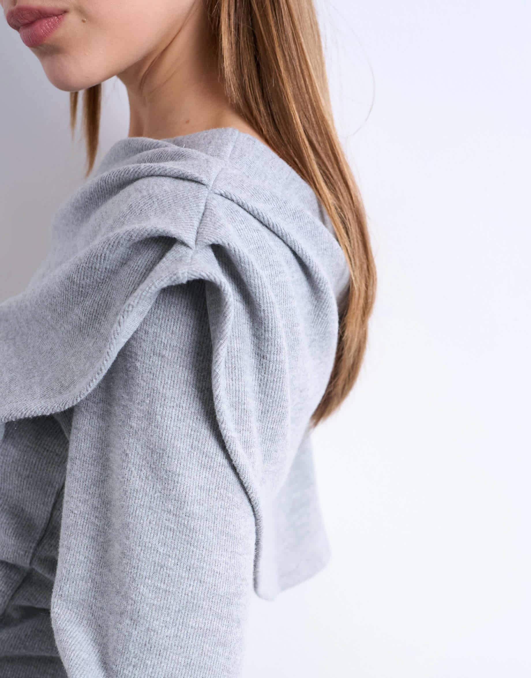 Topshop asymmetric soft touch bardot drape long sleeve top in grey marl