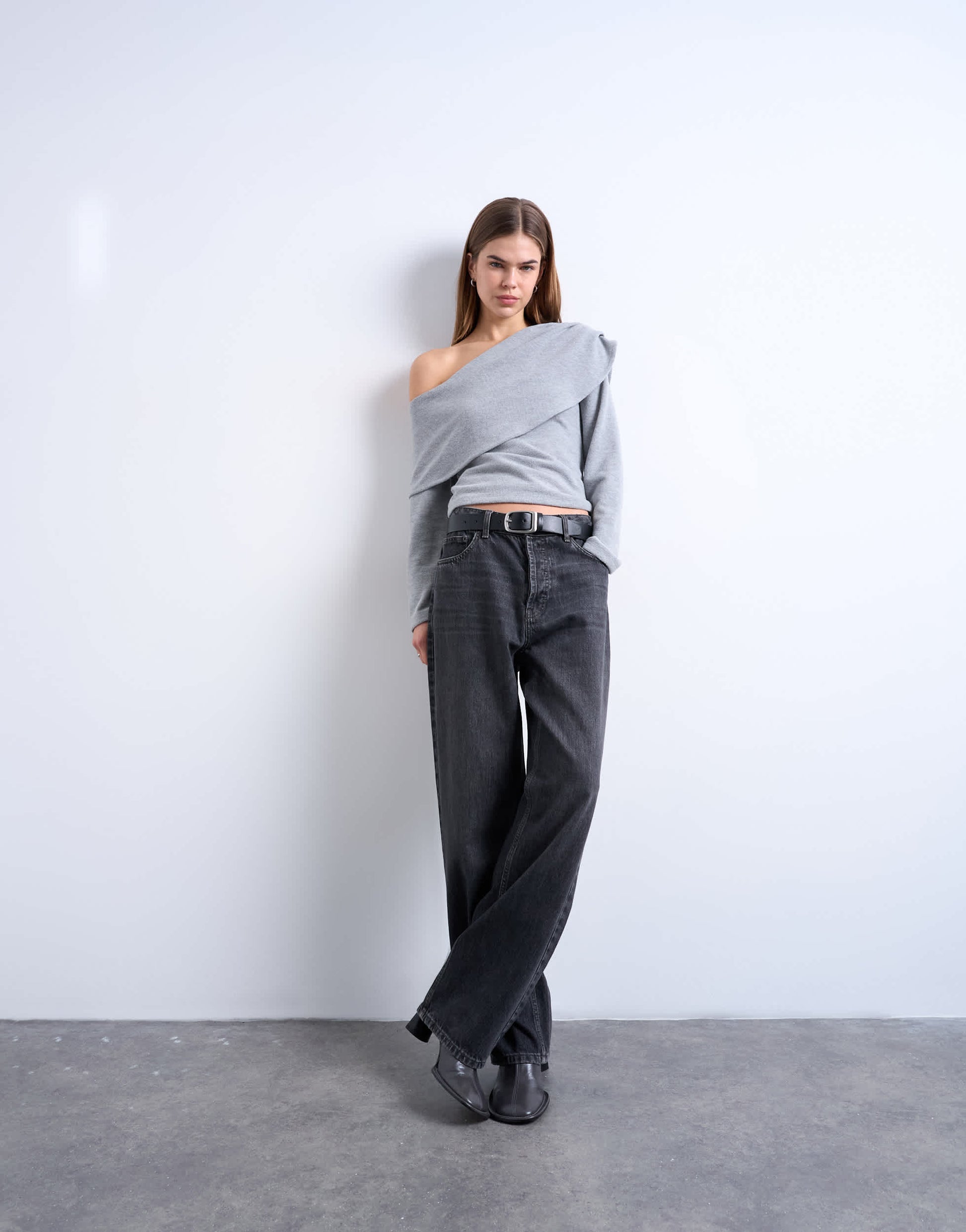 Topshop asymmetric soft touch bardot drape long sleeve top in grey marl