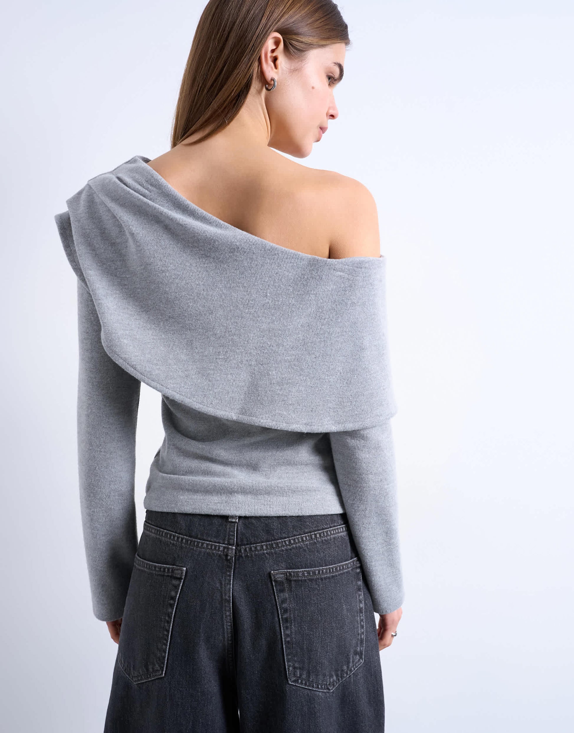 Topshop asymmetric soft touch bardot drape long sleeve top in grey marl