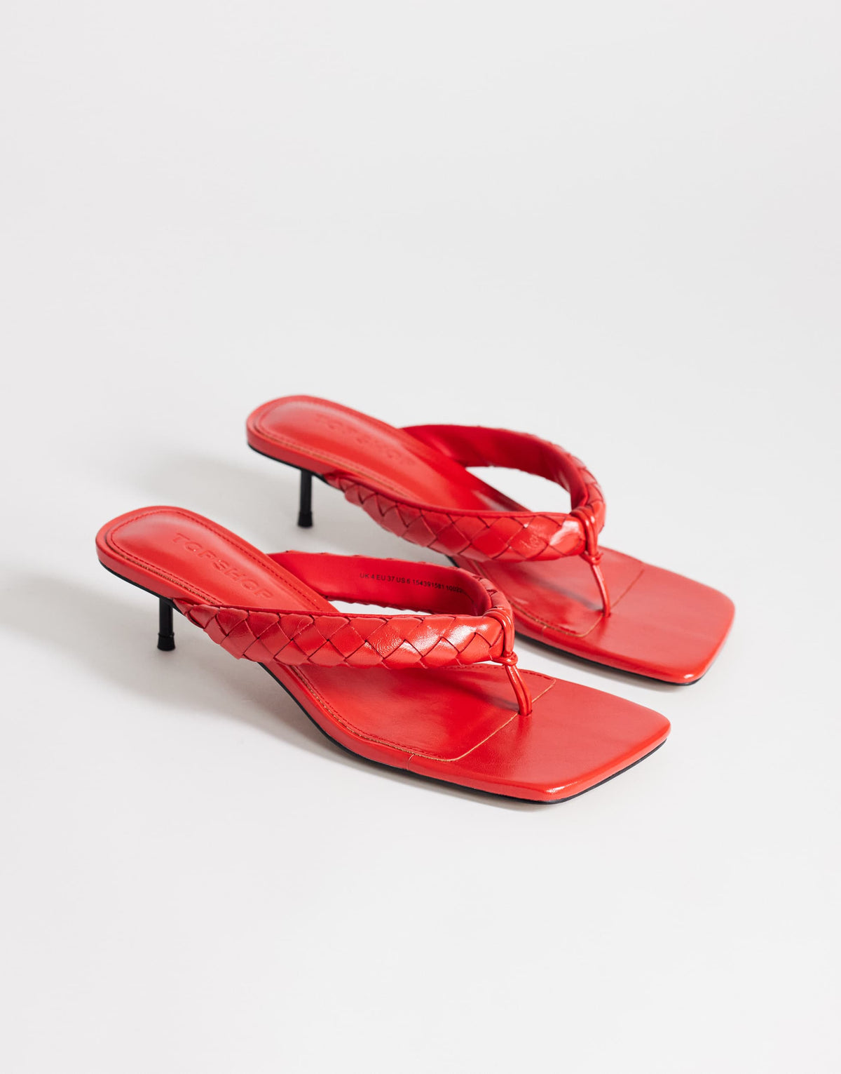 Topshop Emily pin mid heel woven toe thong sandal in red