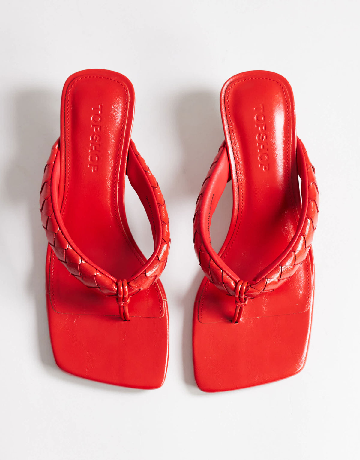 Topshop Emily pin mid heel woven toe thong sandal in red