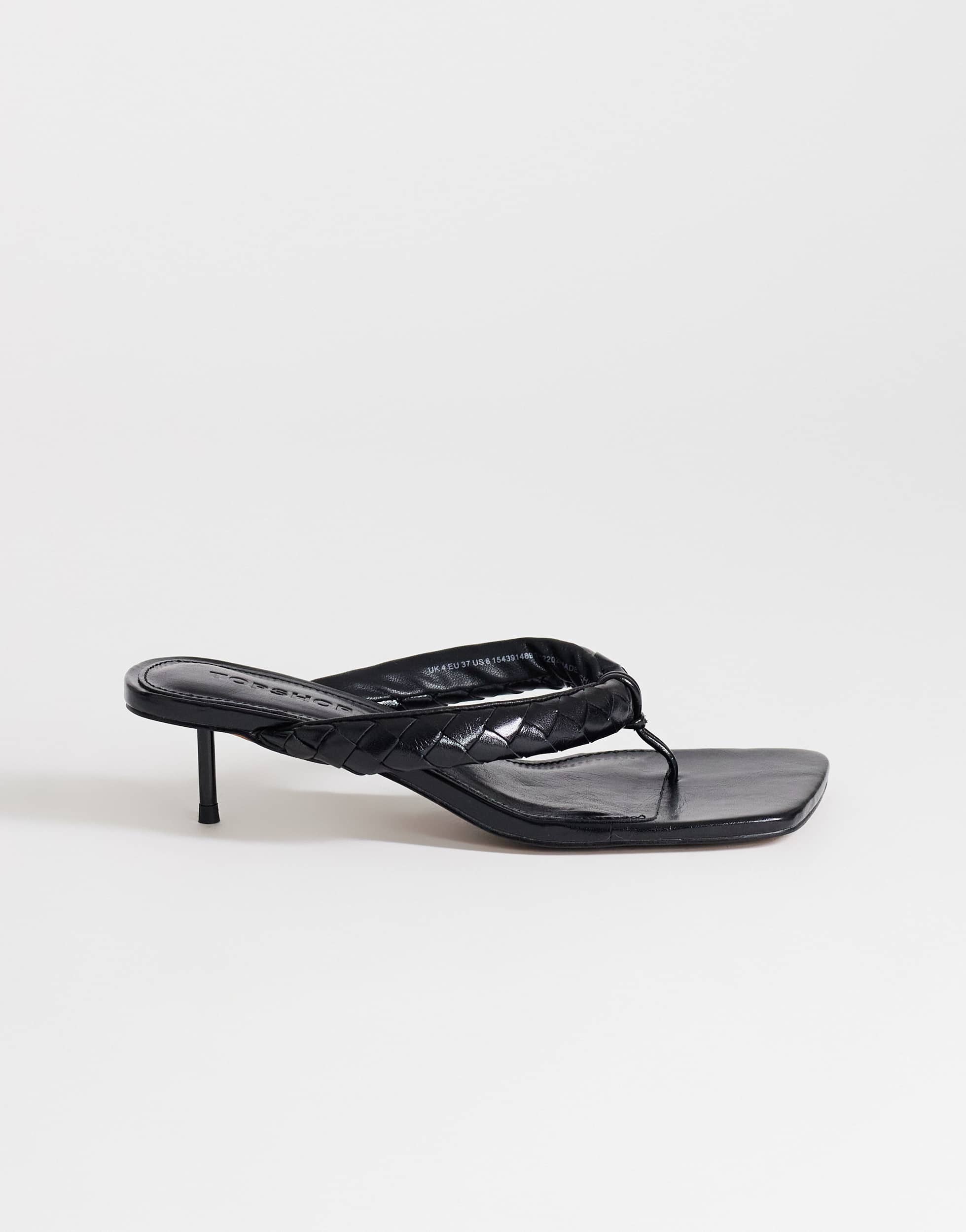 Topshop Emily pin heel woven toe thong sandal in black