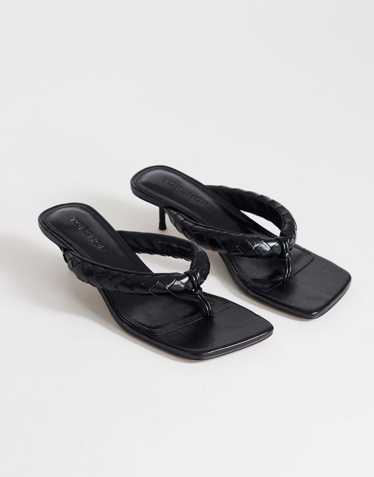 Topshop Emily pin mid heel woven toe thong sandal in black