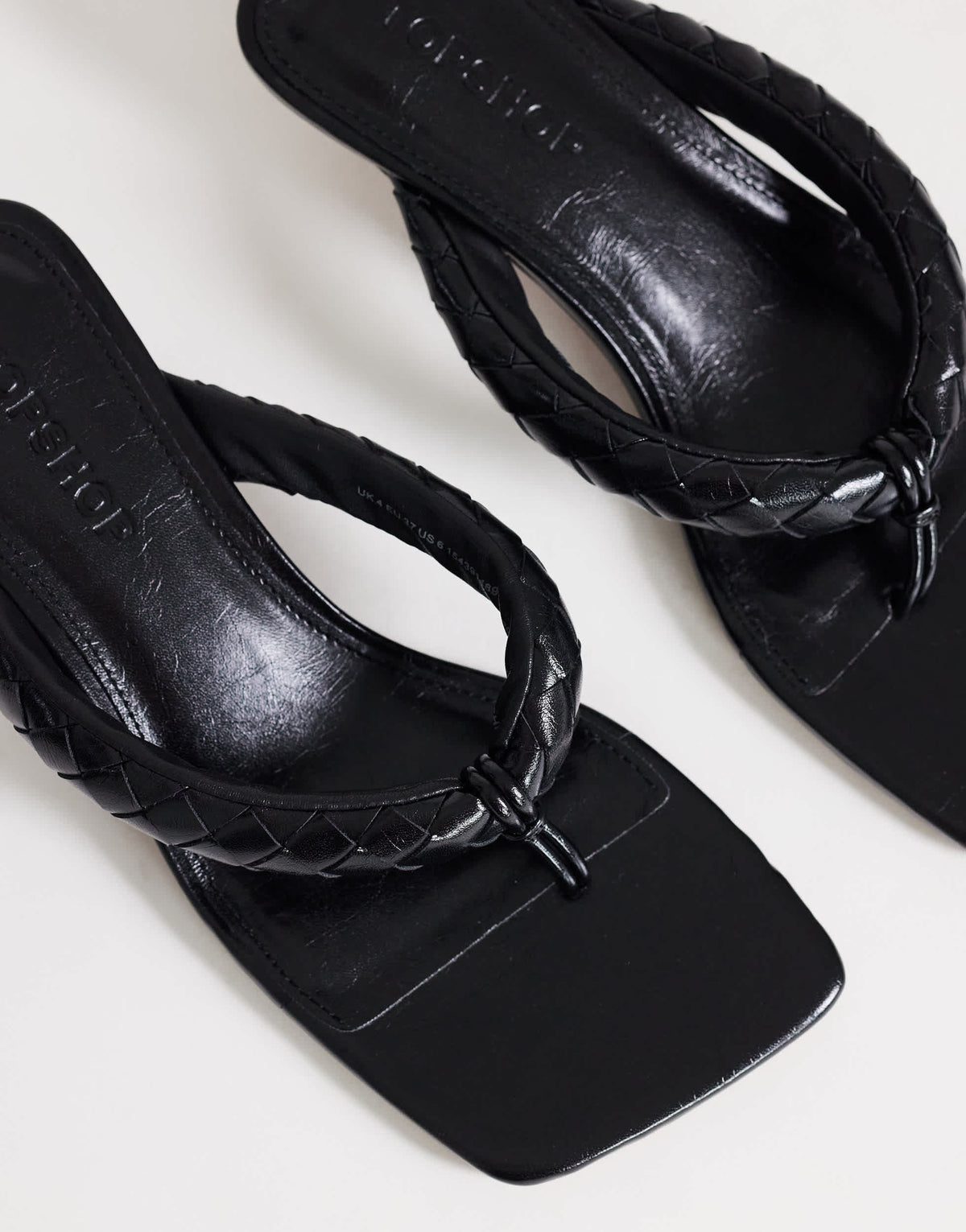 Topshop Emily pin mid heel woven toe thong sandal in black