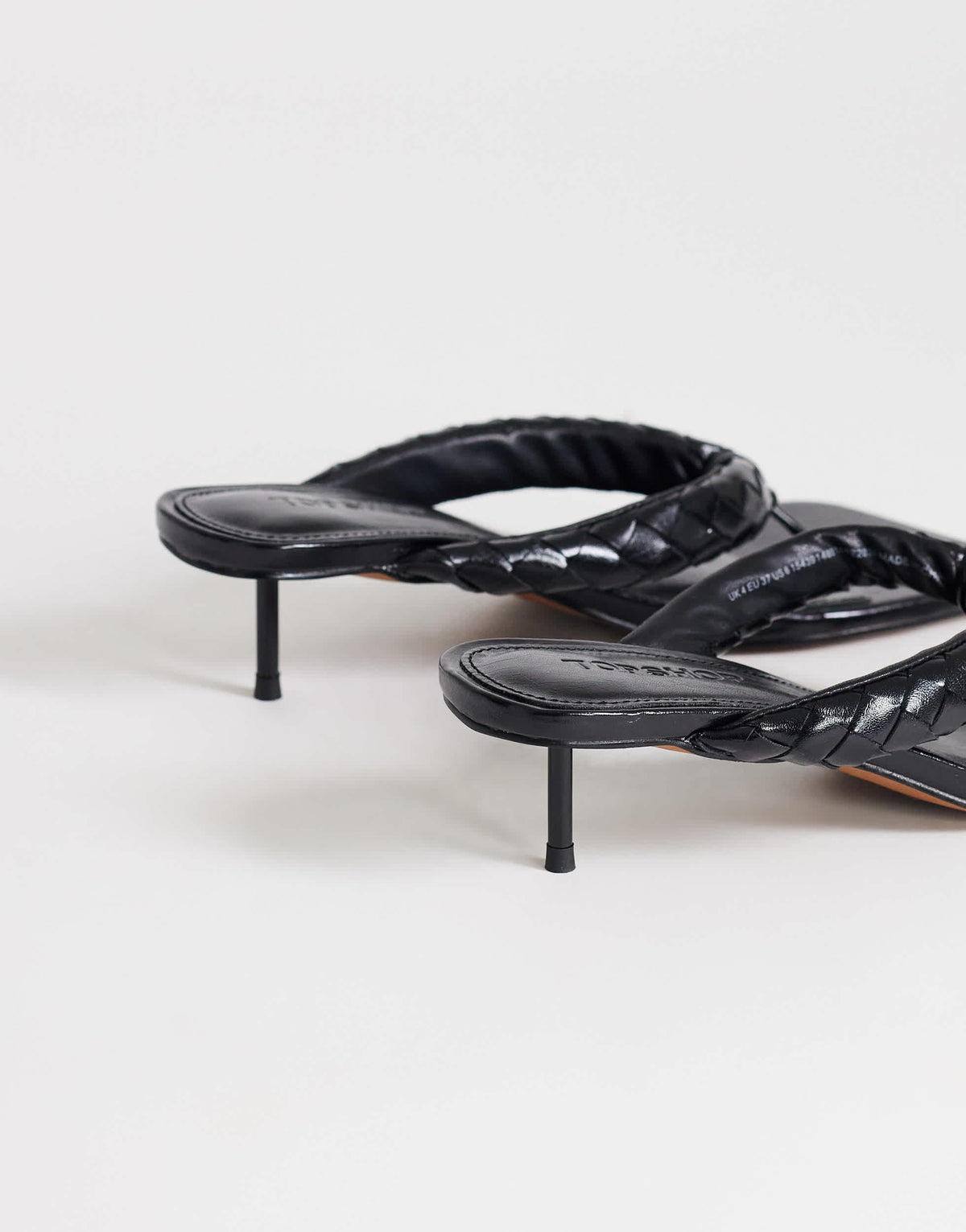Topshop Emily pin mid heel woven toe thong sandal in black