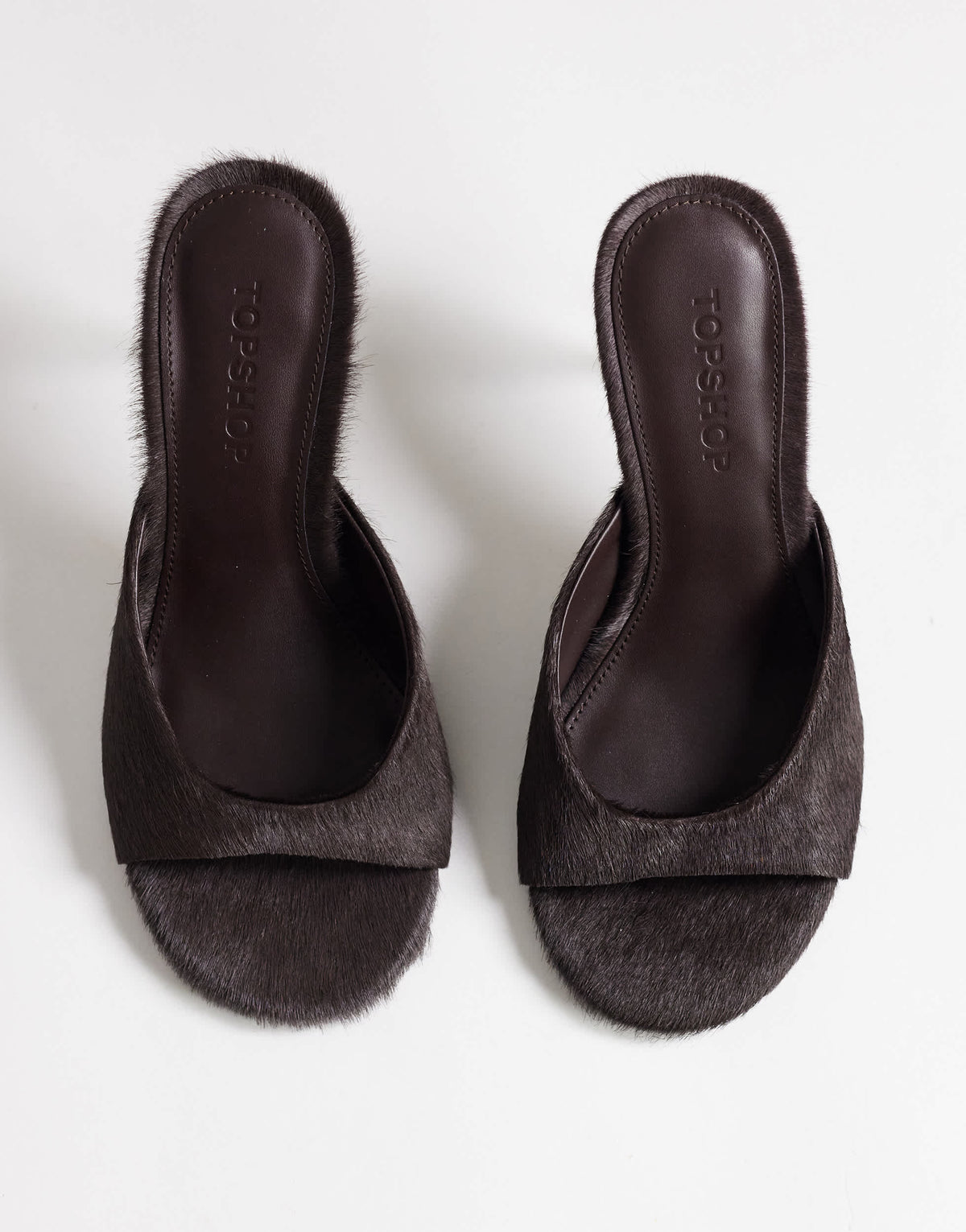 Topshop Nasim high heeled mule in chocolate hair on real leather