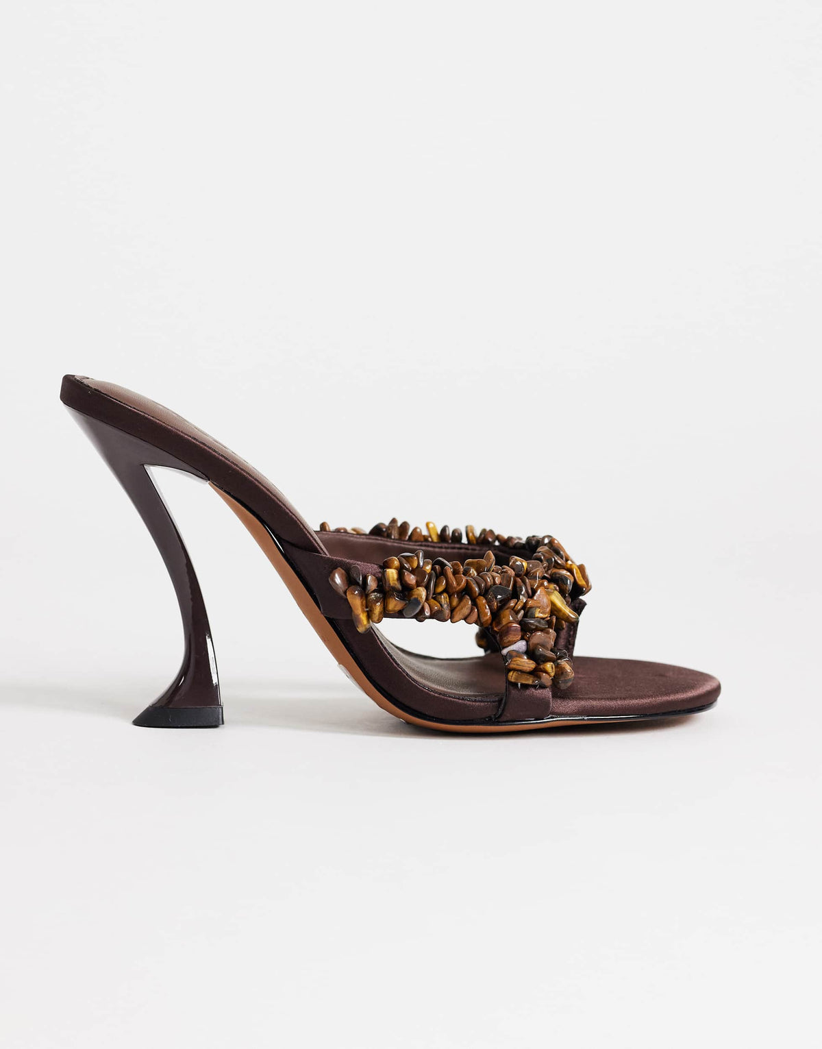 Topshop Natasha embellished mule high heeled sandal in chocolate satin 
